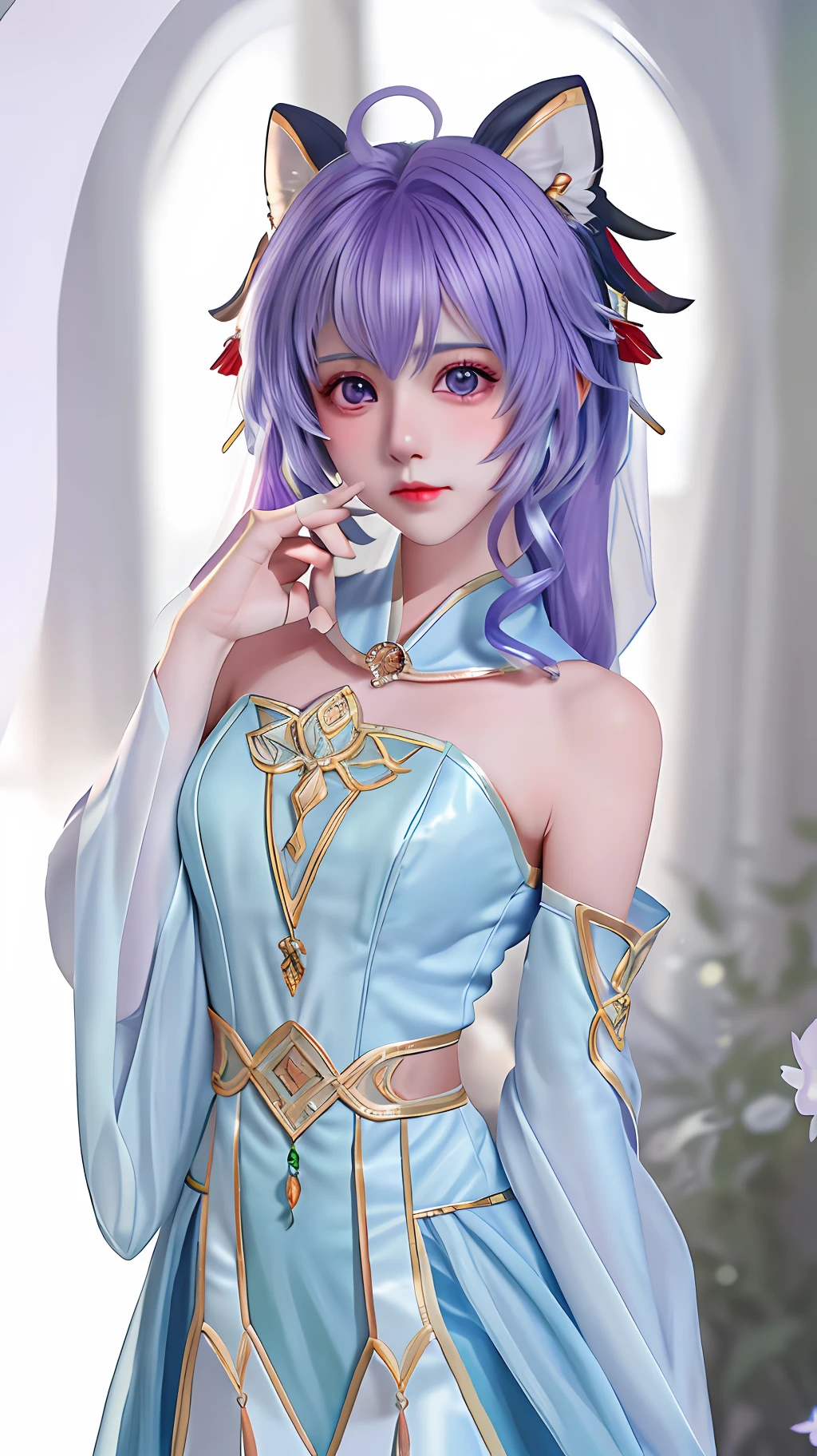 Okay, here are some of the key words described by the character Nilu in Genshin: full and straight , conservative clothes
- Purple hair
- Green eyes
- Long ears
- Delicate facial features
- Slim body
- Wear blue clothes and a white cape
- There is a cute little fox following her