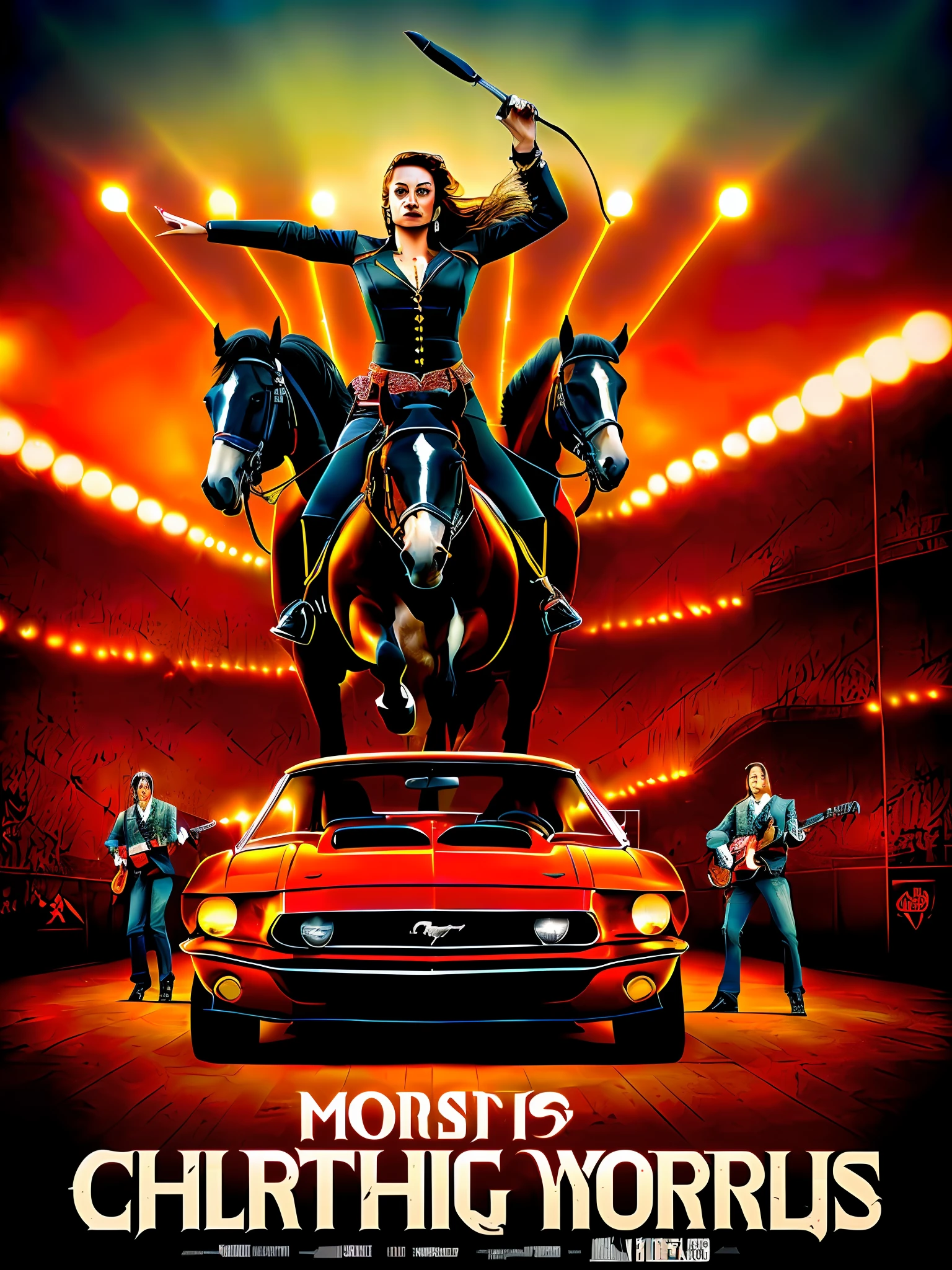 arafed image of a woman riding a horse on top of a car, official poster artwork, official poster, promotional poster, promotional image, movie promotional image, badass composition, mustang, poster artwork, key art, official artwork, promo poster, promotional art, full poster, official print, promotional artwork, filmposter, poster shot, promotional poster art, by Carey Morris