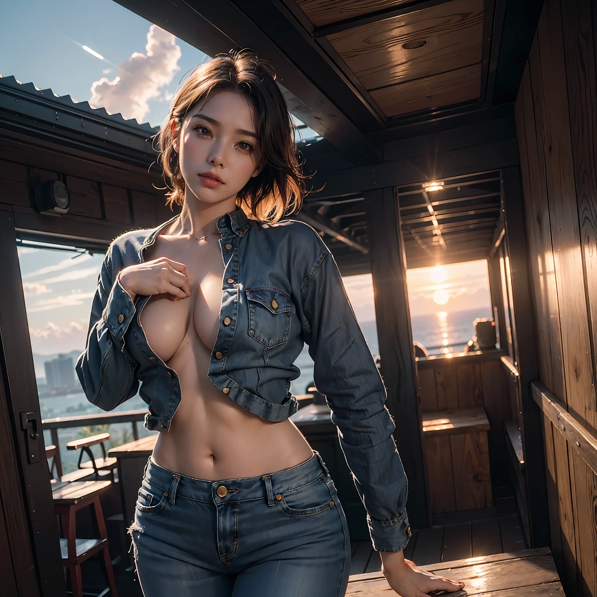 (RAW Photo, 4k, Realistic, Delicate and Detailed Skin), Masterpiece, Best Quality, Official Art, Unity 8k Wallpaper, Ultra Detailed, (Dark Night), Cinematic Look, Denim Shot, Natural Skin Texture, Extremely Realistic Skin Texture, Face with Fine Details, Sunset, (Film Grae: 1.2) (Movie Angle) 1girl, Perfect Figure, Room, Narrow Waist, Office Lady Suit, No Bra, Lower Chest, Dynamic Pose, (((Sunset)), Summer, Excited , happy, 1990s \(style\), vivid lighting, superb technique, harmonious composition, cinematic lighting, immersive atmosphere, extraordinary details, stunning visuals