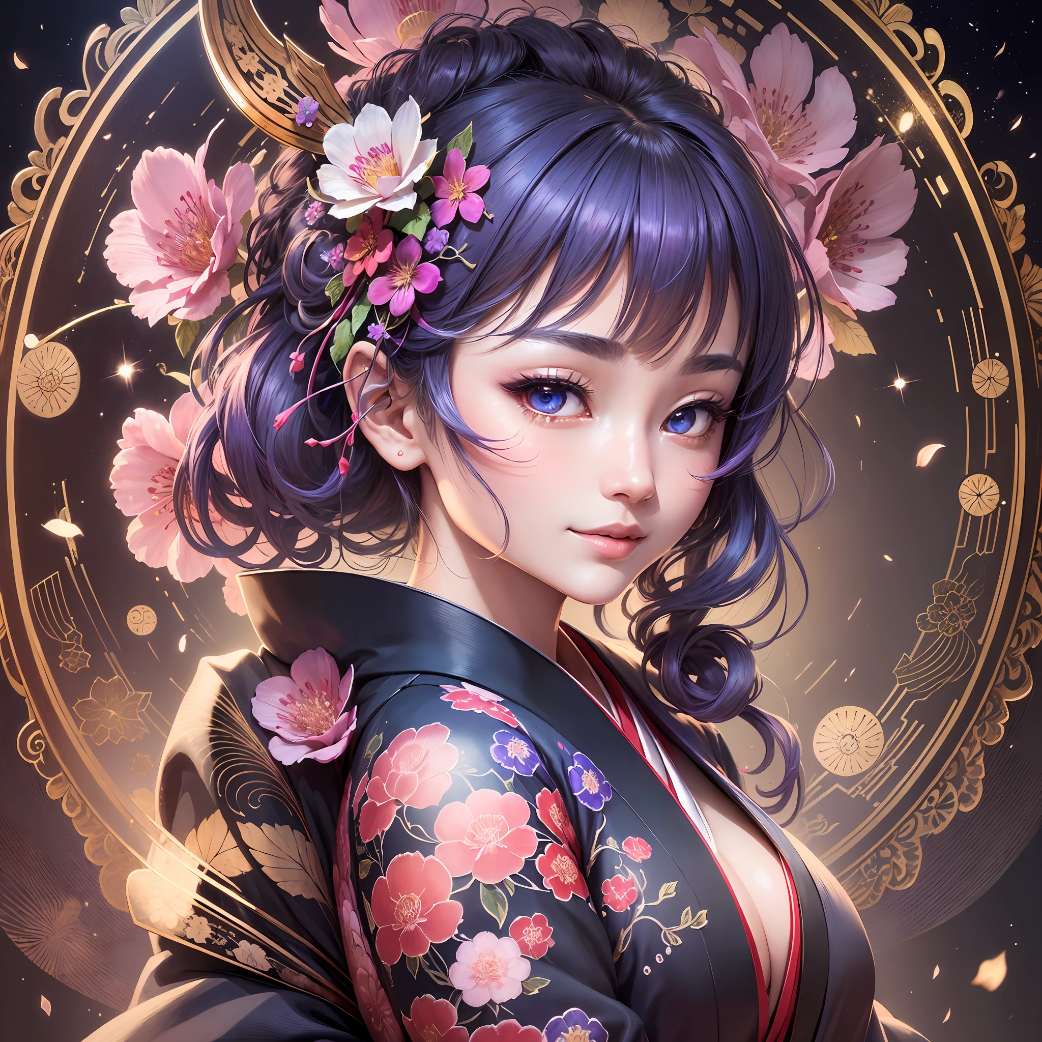 (((masterpiece))), (((best quality))), ((ultra-detailed)), (illustration), (detailed light), ((an extremely delicate and beautiful)), (beautiful detailed eyes), (lighting drops reflection), Extreme detail HDR,background ultra detailed japanese yukaku, exquisite lighting and shadow, highly dramatic picture, cinematic lens, charming smile,((odd eyes)), colorful hair, the background is the universe (excellent detail, excellent lighting, wide angle), (excellent rendering, enough to stand out in its class), solo, ultra detailed kimono, (closeup to viewer:1.2), beautiful detailed hairstyle and beautiful detailed hair accessory, oiran, Colorful refraction, light particle,beautiful detailed kimono, --auto --s2