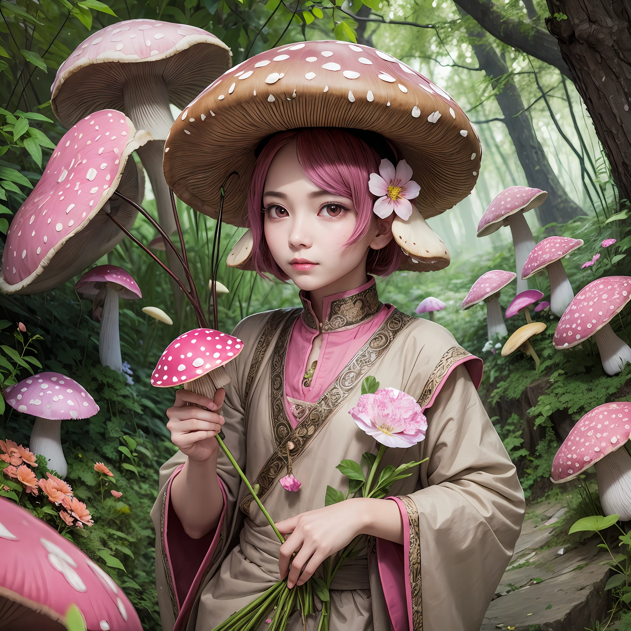 Mushroom with pink eyes, holding staff of flowers