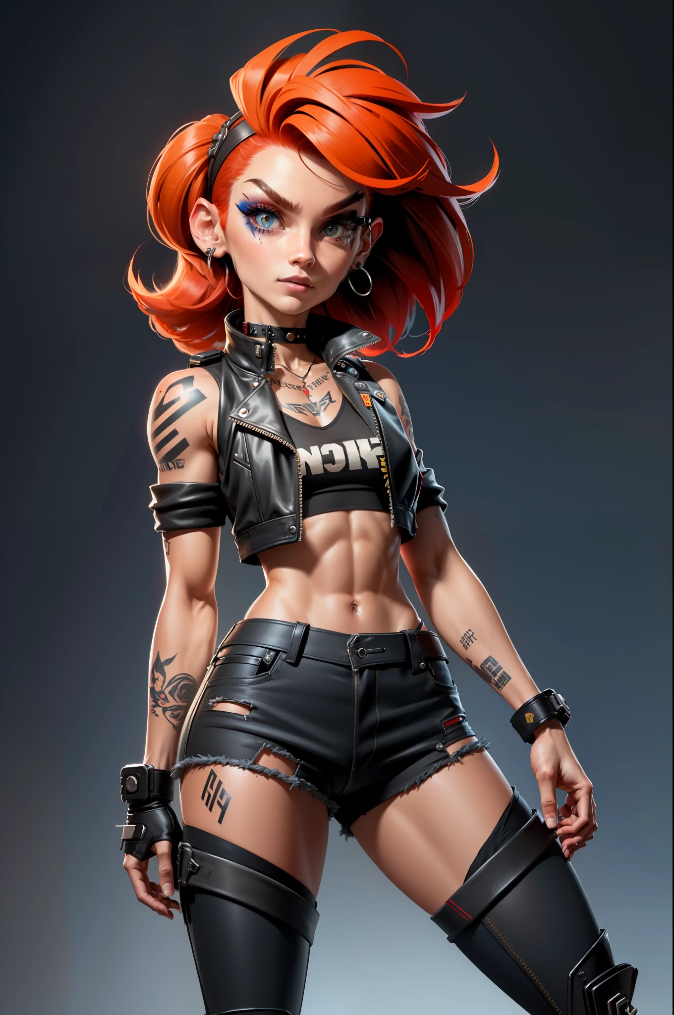 (more detailed, 8K, brilliantly executed), (punk rock vibe, high definition, meticulous attention to detail), (a girl), (short red hair, black croptop biker jacket, jean shorts, tattoos), (athletic figure, perfectly toned abs). Cyber Punk street background, exaggerated perspective