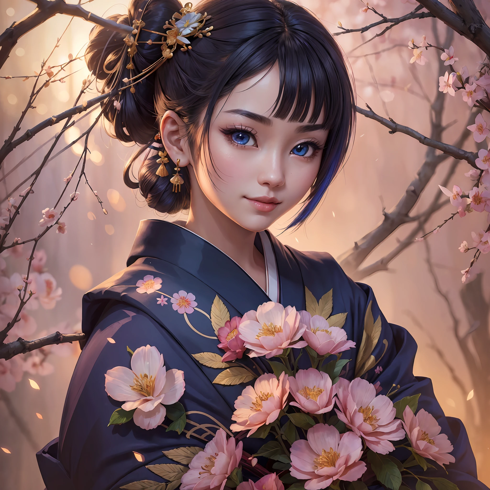 (((Masterpiece))), (((highest quality)))), ((Ultra detailed)), (Illustration)))), (Detail light), (Very delicate and beautiful)), (Beautiful detail eyes), (Lighting drop reflection), Extreme detail HDR, Background Ultra detailed Japan sunset, Exquisite lighting and shadows, Very dramatic images, cinematic lenses, charming smile, (Left and right different colored eyes)), 1 woman, Background is Yuguo (excellent detail, Excellent lighting, wide angle), (excellent rendering, enough to stand out in the class), solo, super detail kimono, (close-up to viewer: 1.2), beautiful detail hairstyle and beautiful detail hair accessories, oiran , colorful refraction, light particles, beautiful detail kimono, --auto --s2