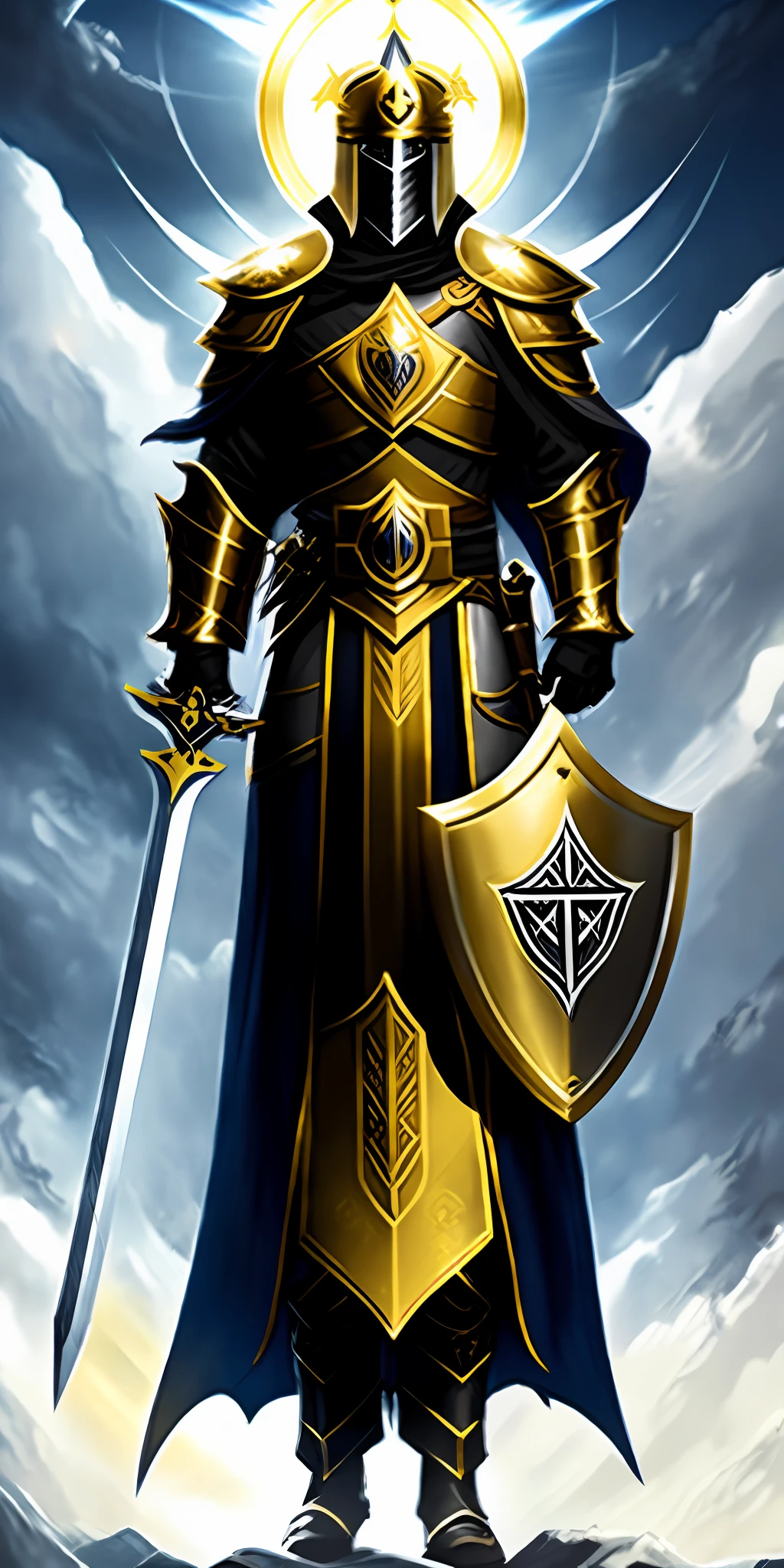Knight Templar with crown and shining golden armor and white robe descending in the clouds armed with shield and with unsheathed sword descending from the heavens.