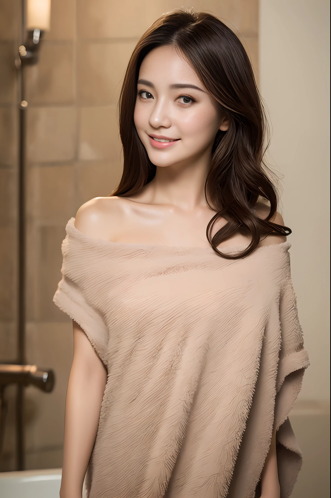 ((Best Quality, 8k, Masterpiece: 1.3)), 1 girl, smile, full body, slim face, pretty woman, (dark brown hair), bath towel: 1.1, super detailed face, detailed eyes, double eyelids, blurred background, slim face, nude