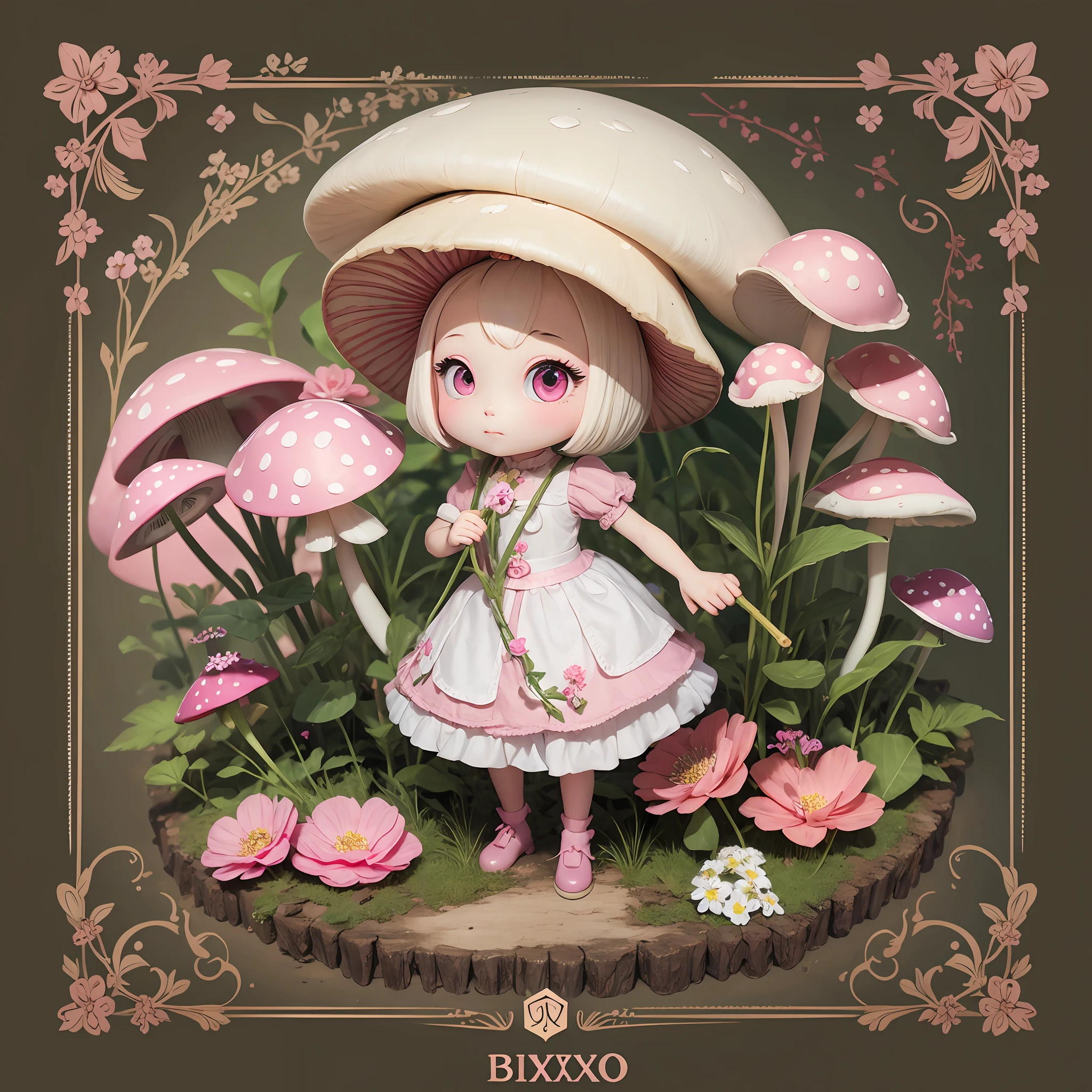 Mushroom with pink eyes, holding staff of flowers, creature, bixo