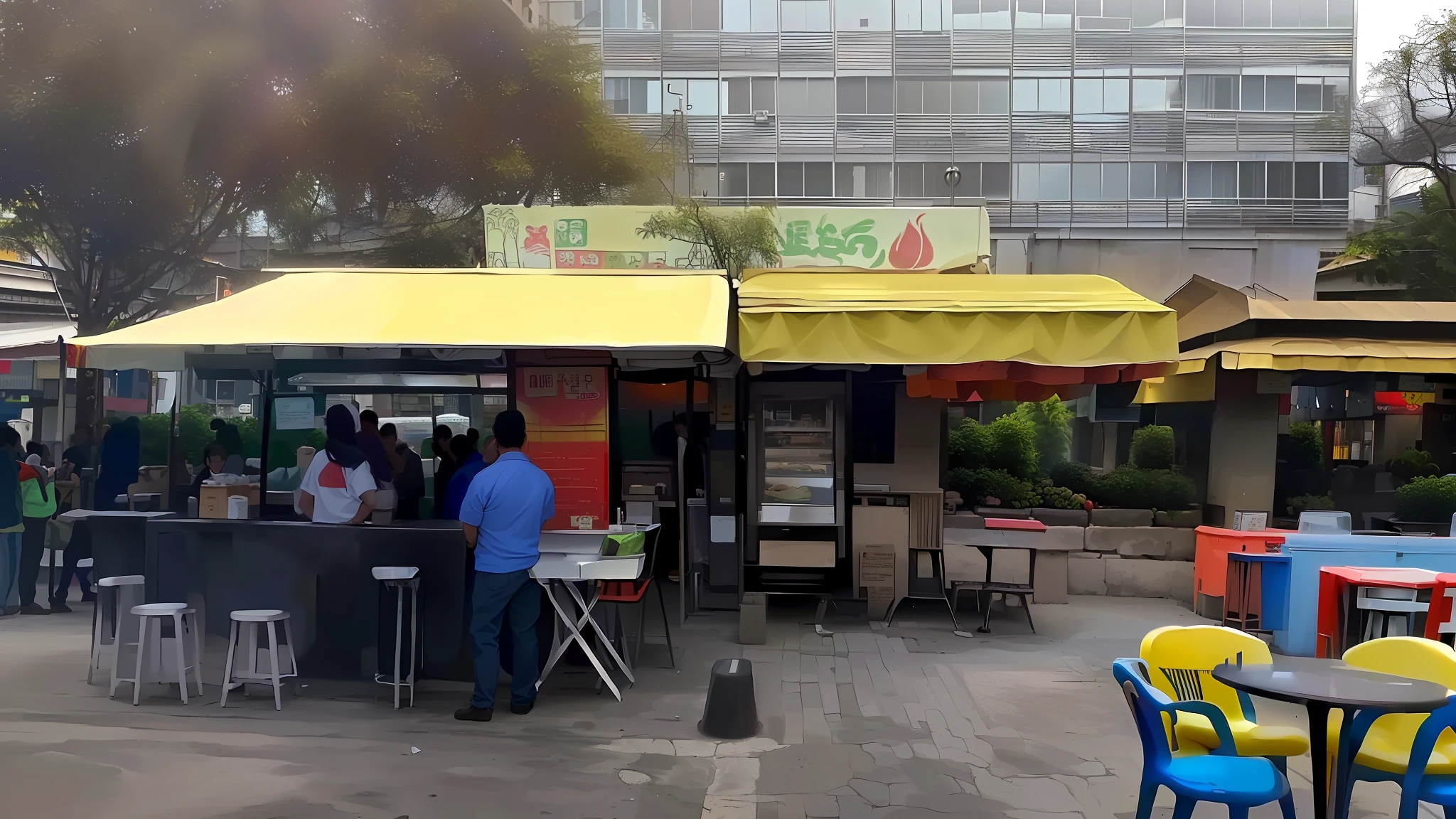 people are standing at a food stand with tables and chairs, food stall, regal fast food joint, food stalls, in sao paulo, são paulo, sao paulo, by Germán Londoño, fotografia, chiascuro, by Francisco Zúñiga, by Amelia Peláez, chile, with street food stalls, in chuquicamata