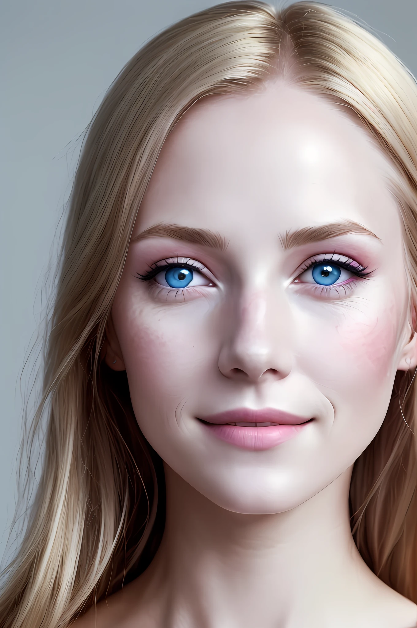 "White adult woman, with blonde hair,pink makeup, bright blue eyes, innocent smile, thin nose", Prompt B: "heavy burn scars from fire across her face:1,9; slightly red skin")