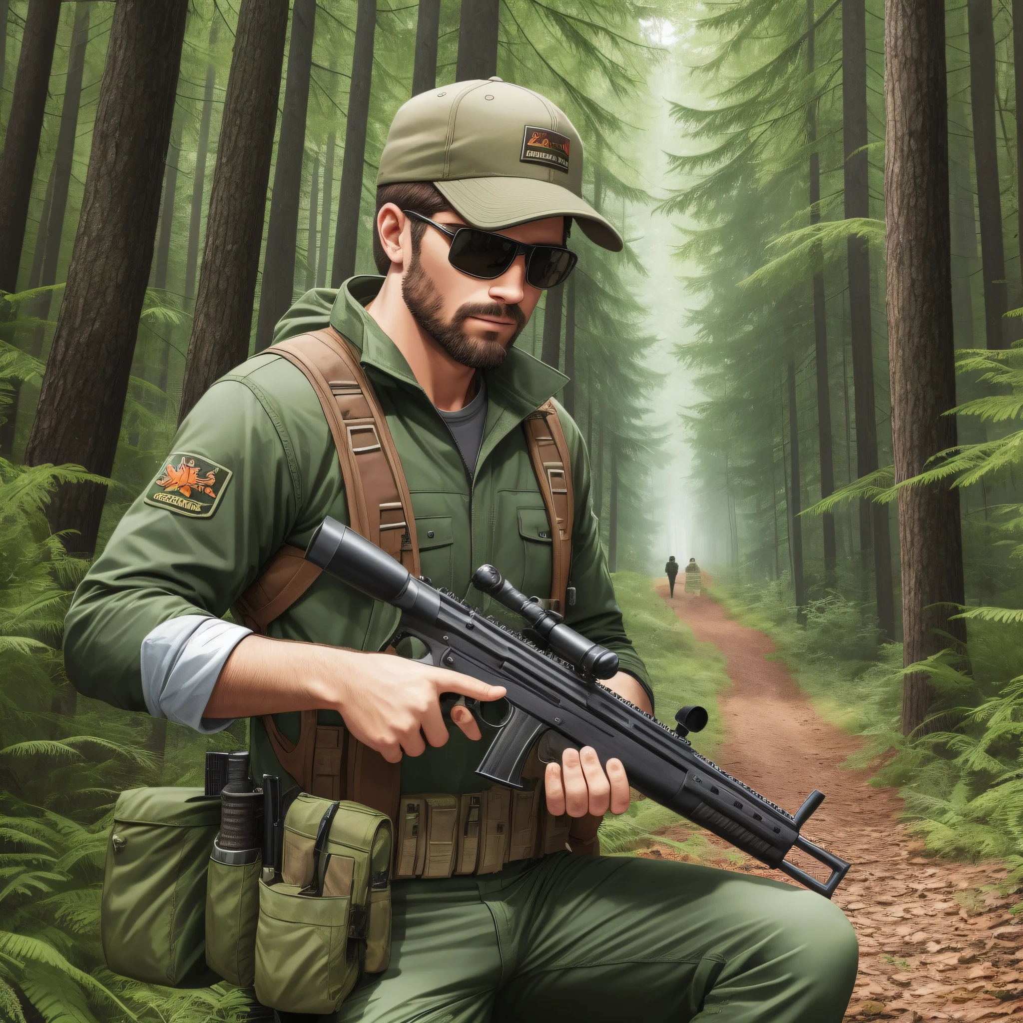Man,hunter with real image and shotgun in forest --auto --s2