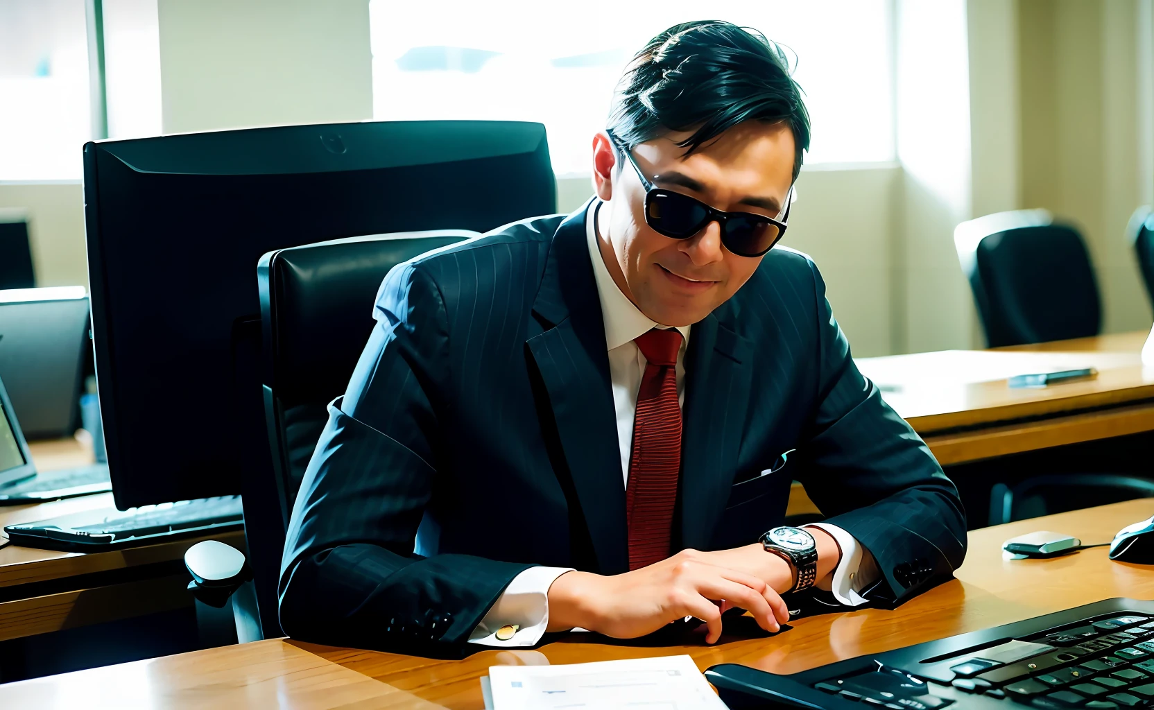 Man working on public office computer wearing sunglasses and umbrellas