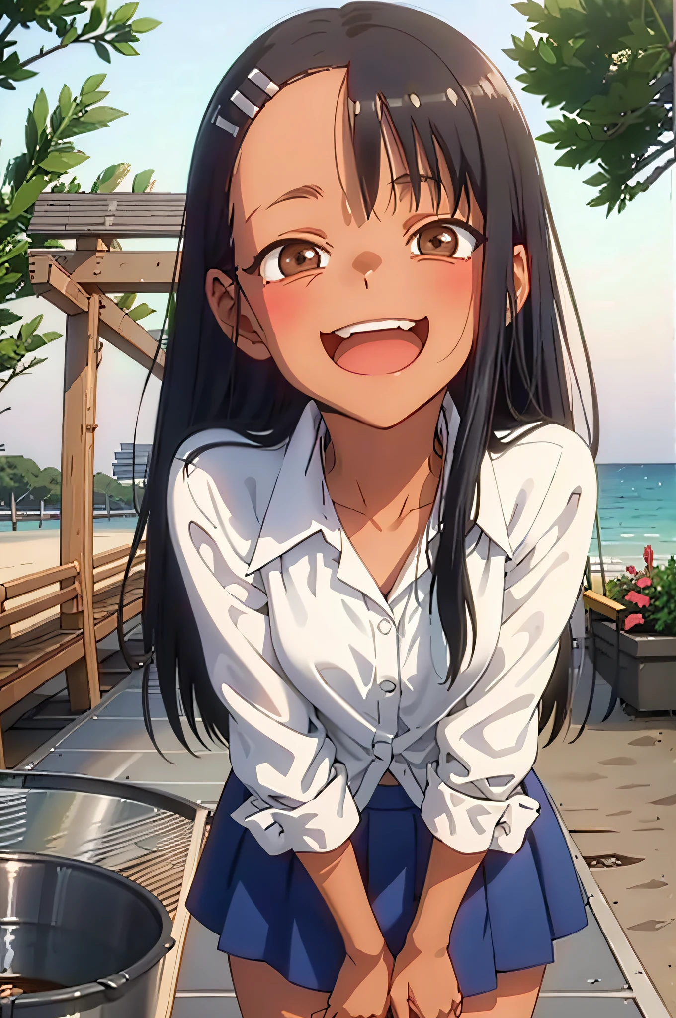 HDR, CG, sharp focus, (8k), (4k), masterpiece, best quality, sharp focus, extremely detailed, intricate, hyper detailed, nagatoro hayase, brown eyes, black hair, bangs, long hair, dark skin, hairclip, white shirt, blue skirt, no socks, uwabaki, standing, arms behind head, cowboy shot, looking at viewer, outdoors, evil grin, (masterpiece, best quality;1.3), extremely detailed ,ultra detailed, 1girl, solo, looking at viewer,detailed skin, 3d face, evil smile, open mouth, full body,lying on beach, front view, from below,white bikini , small black ribbon nagatoro hayase, brown eyes, black hair, long hair, dark and white skin, hairclip, no sleeve,otl, tan,