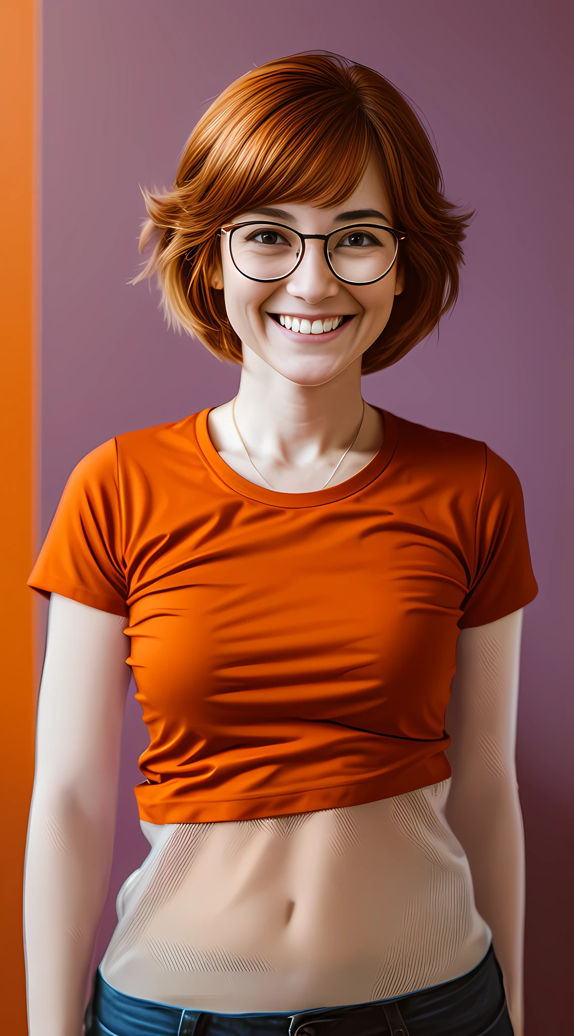 ma character 30 year old woman wearing beautiful orange glasses and smiling wearing a plain orange mesh t-shirt, very short and spiky orange brown hair, working an advertising agency with orange walls, blurred background, smiling, cinematic lighting, shallow depth of field, 8k uhd, DSLR, 18 mm 1.8 lens, masterpiece, high quality, photorealistic, realism, hyperrealism, art photography --auto --s2