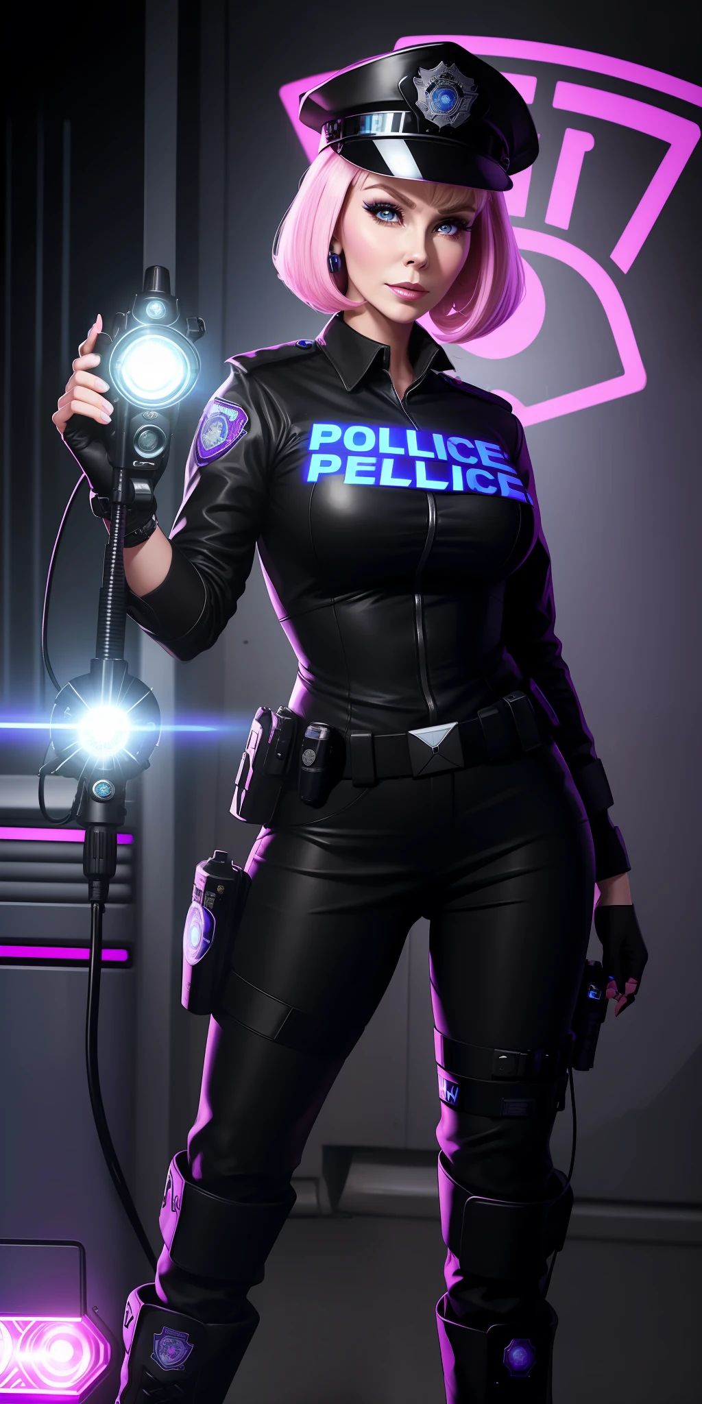 Sticker of a face around her eyes and the words bearale on it by Shepherd Ferry (cyberpunk) (neon) ((Barbara Eden is a policewoman wearing police clothes and black boots and a police hat with a police flashlight, style She is))