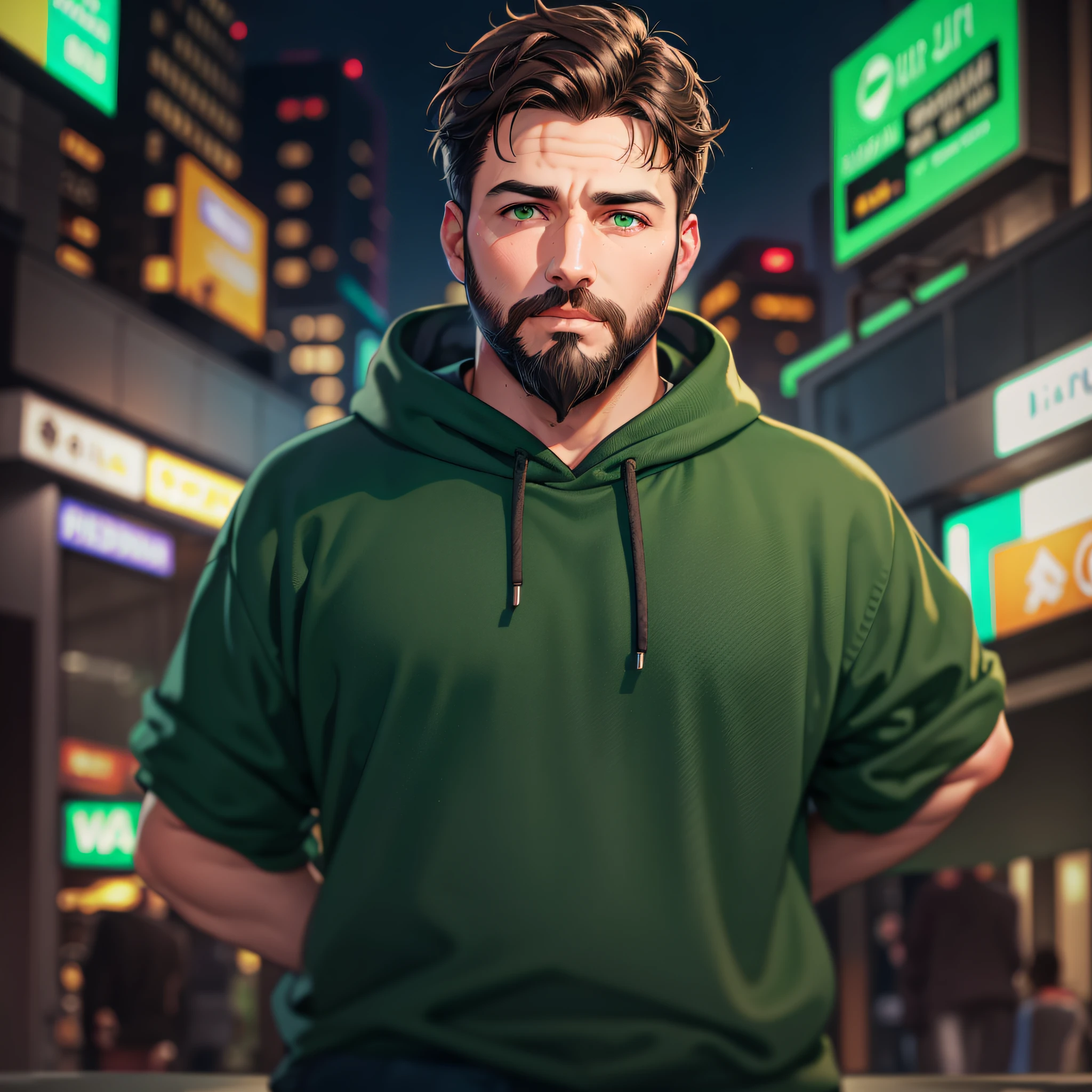 Adult man with beard and dark brown hair, black sweatshirt with green details, in a city with green neon lights.