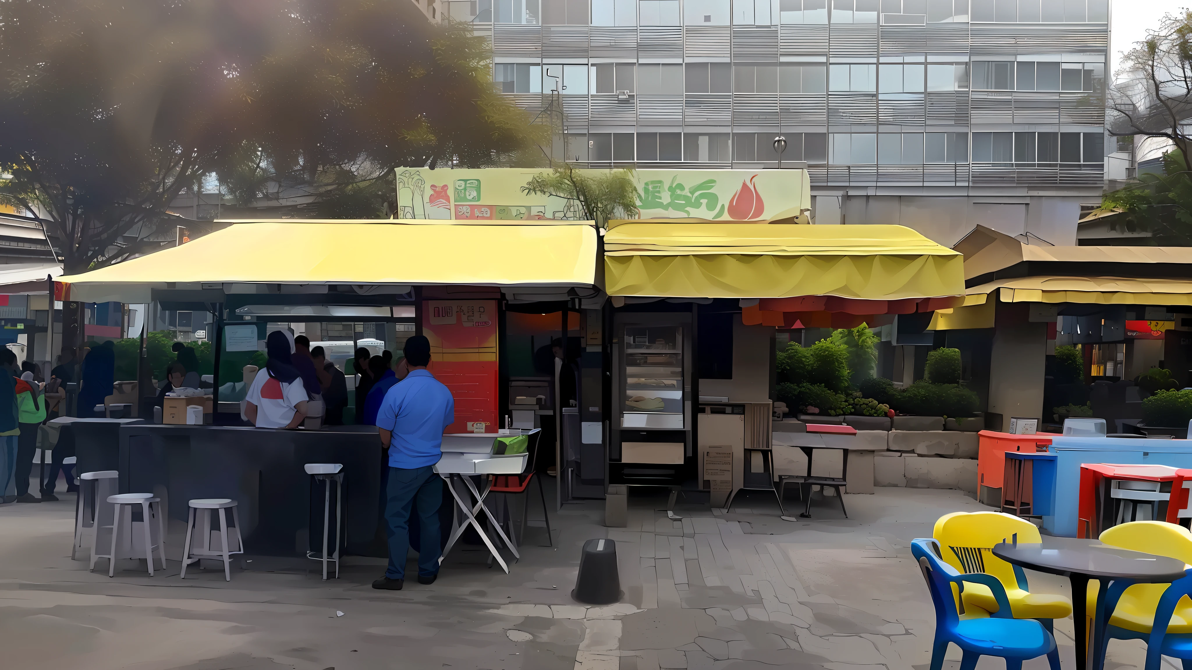 people are standing at a food stand with tables and chairs, food stall, regal fast food joint, food stalls, in sao paulo, são paulo, sao paulo, by Germán Londoño, fotografia, chiascuro, by Francisco Zúñiga, by Amelia Peláez, chile, with street food stalls, in chuquicamata