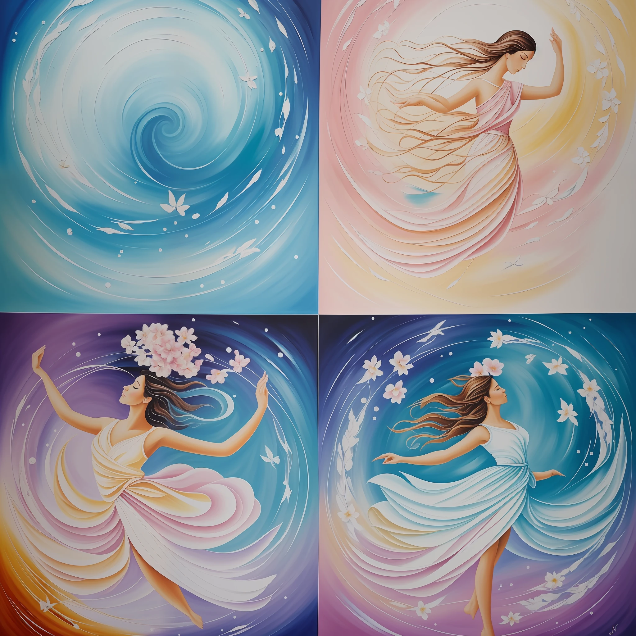 Create a painting that represents the essence of the card "The Dance of Life" and conveys balance and harmony in all areas of life. Use a palette of soft colors and pastel tones to create a tranquil and serene atmosphere.
In the center of the painting, depict a human figure in a dance posture, with arms outstretched and body in motion. Paint it with colors that represent different aspects of life, such as shades of blue to symbolize tranquility, shades of green to represent nature and balance, and shades of pink to convey emotional harmony.
Around the central figure, paint elements that represent the different aspects of life. For example, you can include elements that symbolize work, such as a watch or briefcase, and elements that symbolize fun, such as musical instruments or objects related to hobbies. Balance these elements harmoniously and distribute them symmetrically in the composition.
Create movement in the painting through soft, curved brushstrokes that extend from the central figure and spread across the space. These brush strokes can represent the fluidity and flexibility needed to find balance and harmony in life.
At the top of the painting, paint a serene sky with soft, delicate clouds. These clouds symbolize the sense of peace and tranquility that arises when we find inner balance.
Finally, add small details of natural elements, such as flowers, leaves, or butterflies, scattered throughout the painting. They represent the connection with nature and the importance of connecting with wisdom and the natural cycles of life to find balance and harmony.
