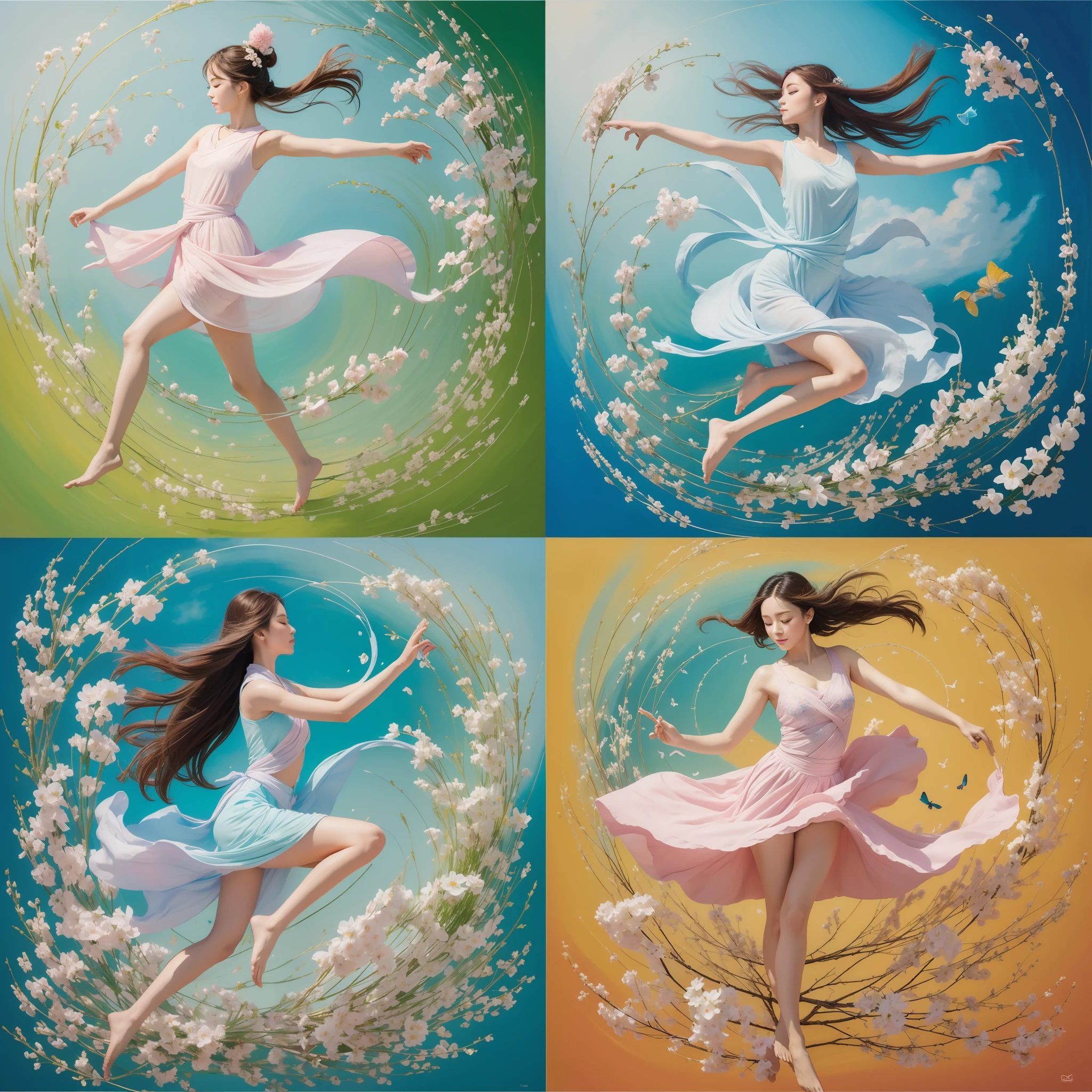 Create a painting that represents the essence of the card "The Dance of Life" and conveys balance and harmony in all areas of life. Use a palette of soft colors and pastel tones to create a tranquil and serene atmosphere.

In the center of the painting, depict a human figure in a dance posture, with arms outstretched and body in motion. Paint it with colors that represent different aspects of life, such as shades of blue to symbolize tranquility, shades of green to represent nature and balance, and shades of pink to convey emotional harmony.

Around the central figure, paint elements that represent the different aspects of life. For example, you can include elements that symbolize work, such as a watch or briefcase, and elements that symbolize fun, such as musical instruments or objects related to hobbies. Balance these elements harmoniously and distribute them symmetrically in the composition.

Create movement in the painting through soft, curved brushstrokes that extend from the central figure and spread across the space. These brush strokes can represent the fluidity and flexibility needed to find balance and harmony in life.

At the top of the painting, paint a serene sky with soft, delicate clouds. These clouds symbolize the sense of peace and tranquility that arises when we find inner balance.

Finally, add small details of natural elements, such as flowers, leaves, or butterflies, scattered throughout the painting. They represent the connection with nature and the importance of connecting with wisdom and the natural cycles of life to find balance and harmony.