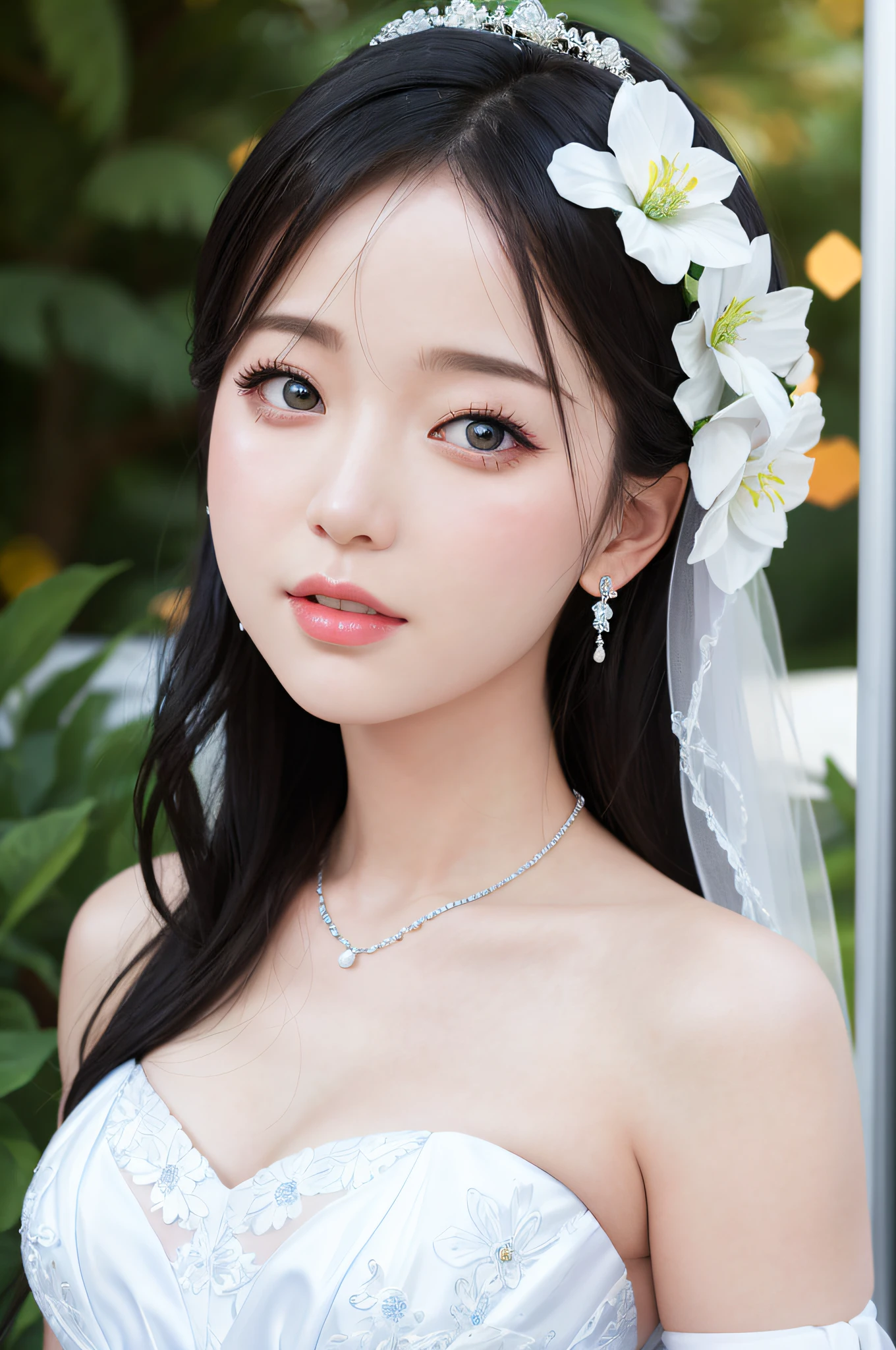 sky blue wedding dress,white mini skirt,kawaii, idol, (sweat:0.7),woman,japanese,exquisite face, beautiful face,bare shoulders,shoulders all exposed,translucent skin,black eyes,black hair,(photorealistic:1.4),realistic details, high resolution,bokeh,outstanding details