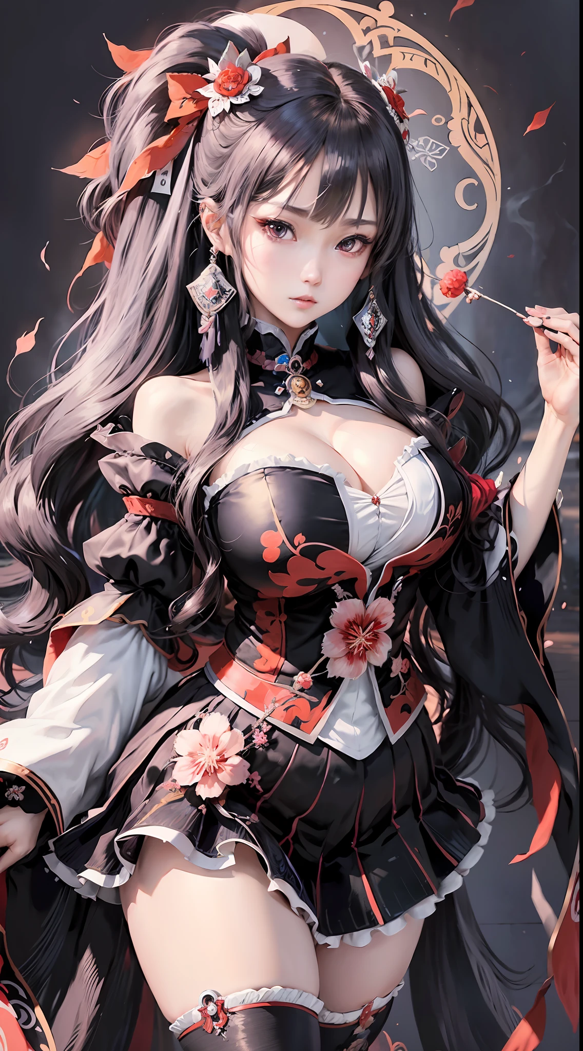 masterpiece, best quality, 1girl,houraisan kaguya, jeweled branch of hourai,branch,black hair,long hair,red eyes,skirt, wide sleeves,grey background,(dramatic:1.2),(masterpiece, best quality, ultra detailed, 8k, RAW photo:1.2), gigantic breasts from azur_lane, (cleavage:1.2), (sexual pose:1.3