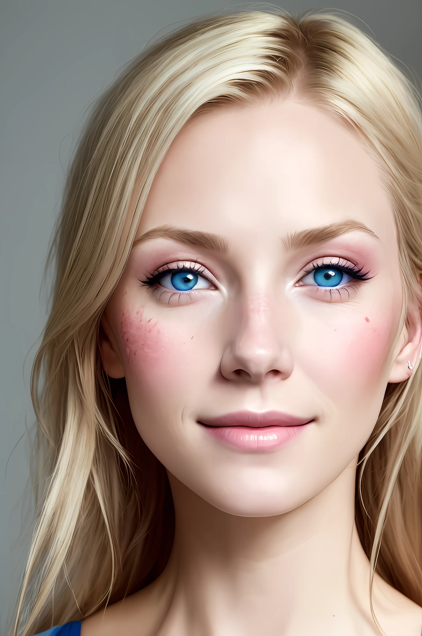 "White adult woman, with blonde hair,pink makeup, bright blue eyes, innocent smile, thin nose", Prompt B: "heavy burn scars from fire across her face:1,9; slightly red skin")