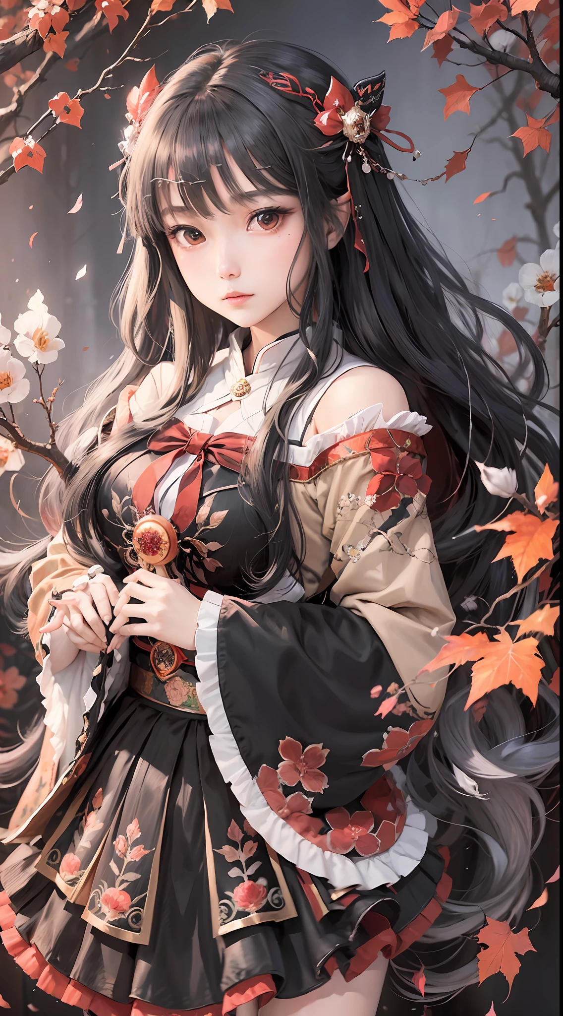 masterpiece, best quality, 1girl,houraisan kaguya, jeweled branch of hourai,branch,black hair,long hair,red eyes,skirt, wide sleeves,grey background, look viewer