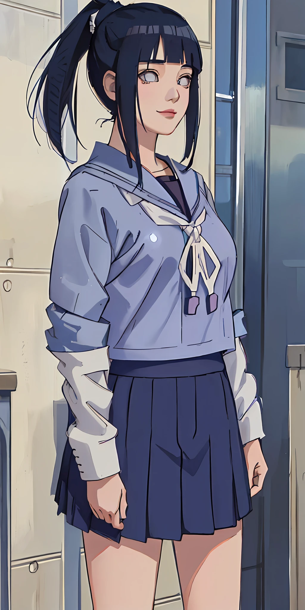 highres, ultra detailed), masterpiece, hinata\(boruto\), solo, 1girl,medium breasts, (((high school))), ((((high school attire)))), smile, (((medium hair))), blink blink effect, (((detailed lips))), knee crop, school building, from side, (((dark blue hair))) standing, looking at someone far away, cute face, young, (((ponytail)))