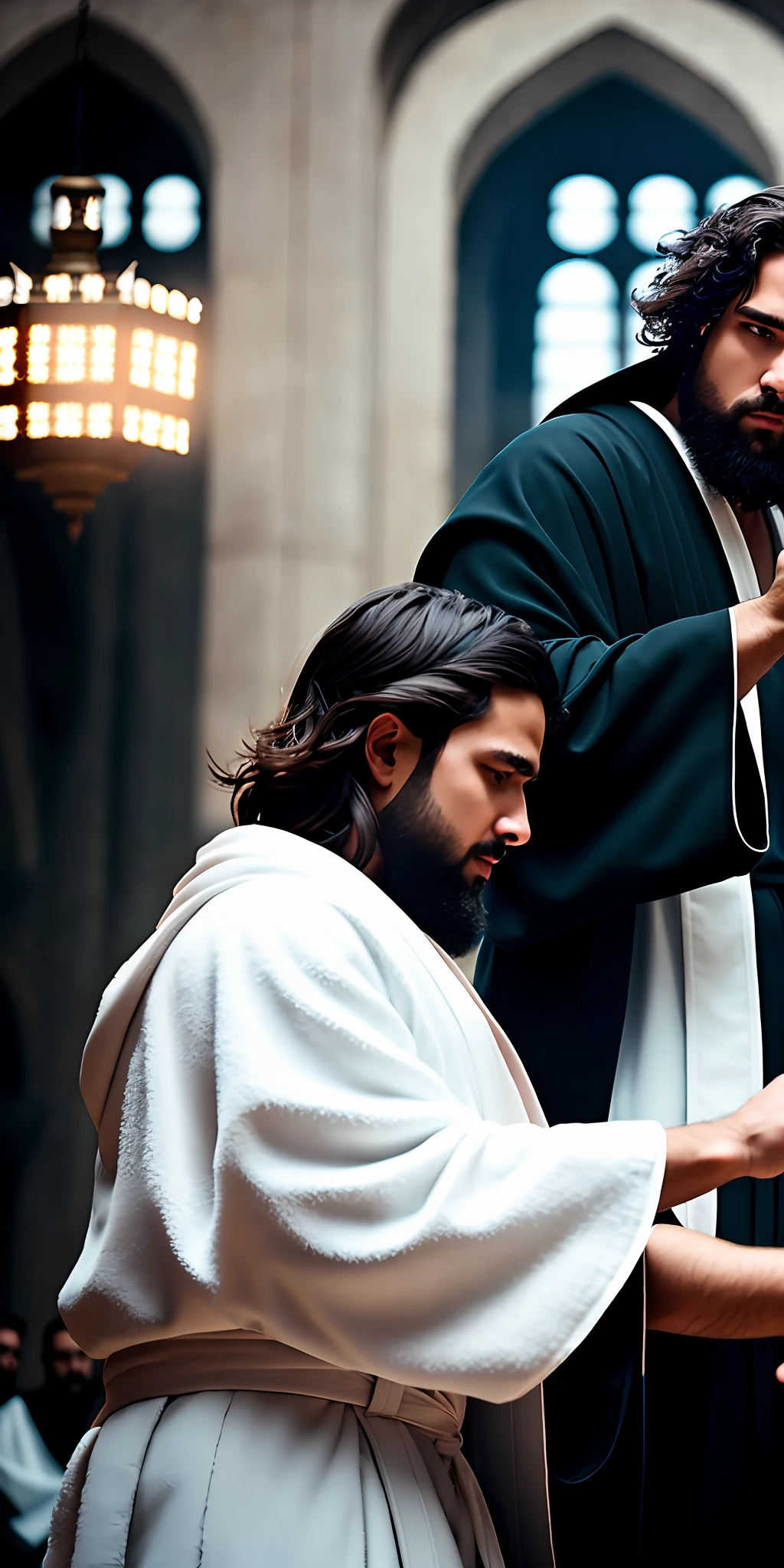 Portrait of white robe Pharisee hitting another black robe Pharisee, modern portrait, cinematic lighting, depth of field, bokeh, realism, photorealistic, hyperrealism, professional photography, uhd, dslr, hdr