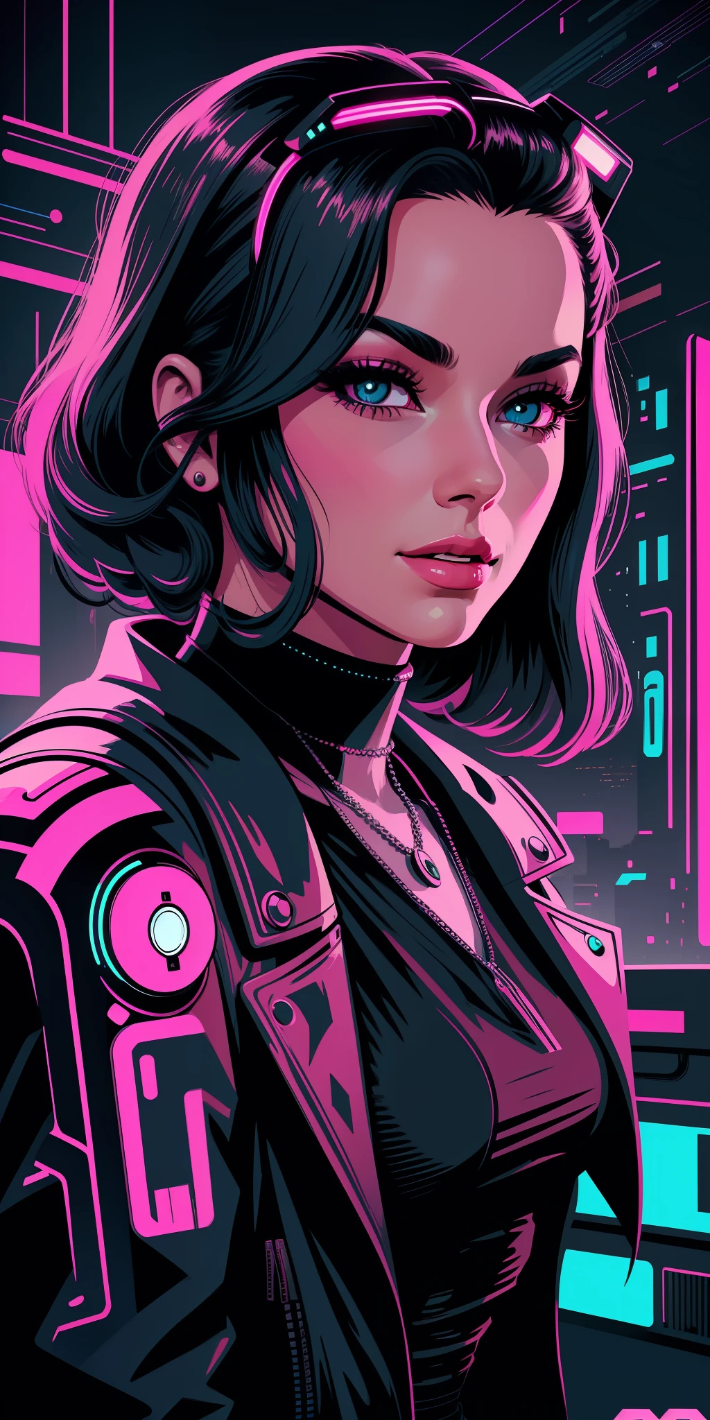 pretty women portrait 1950s poster style, vector-art(cyberpunk) (neon