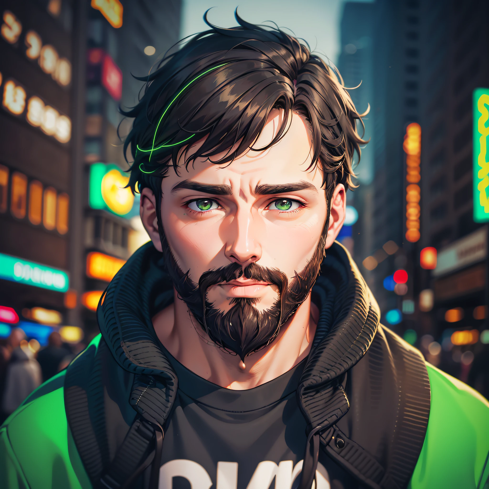 Adult man with beard and dark brown hair, dark brown eyes, black sweatshirt with green details, in a city with green neon lights.