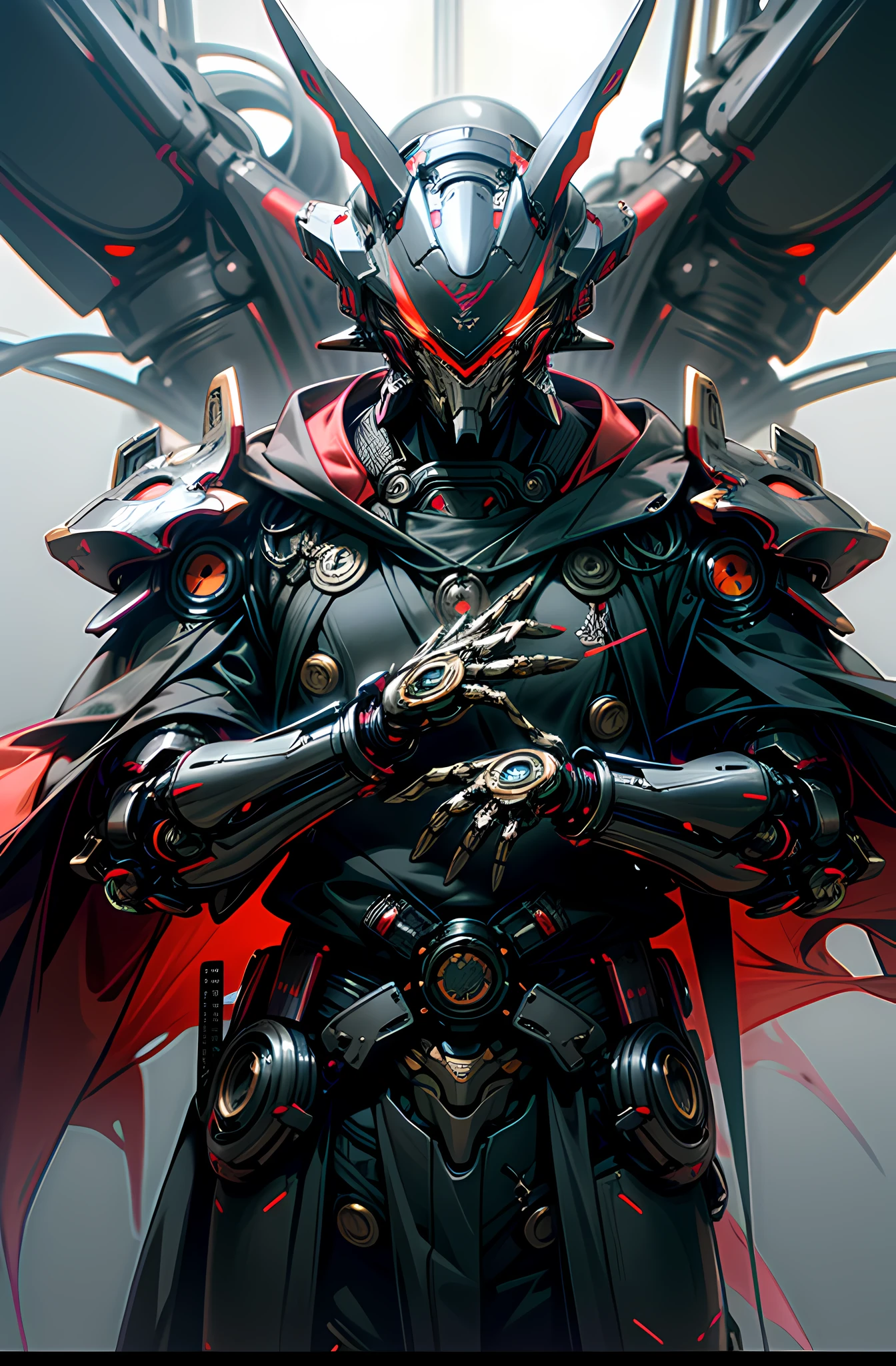 Dark_Fantasy,Cyberpunk,1manMechanical marvel,Robotic presence,Cybernetic guardian, samurai mechanical armour, katana on the waist, absolutely stunning art,wearing a black cloak, highest quality art, highest resolution, hyper detailed,black and red, futuristic, samurai robot, atmospheric,8k,64k, HD, unparalleled masterpiece, dynamic lighting, cinematic, epic