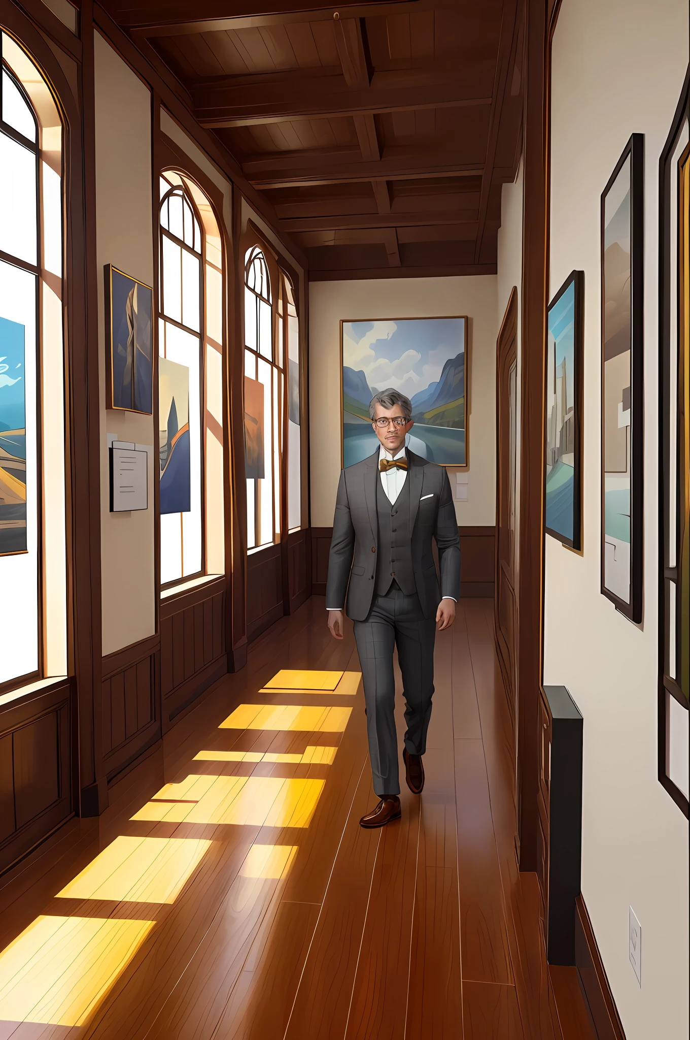 (Style: realistic matte art), (Scene: Interior of an art gallery), (Hot)man looks to be 50 years old, wears tweed suit with bow tie, short gray hair, wears glasses walking inside an art gallery brown shoe