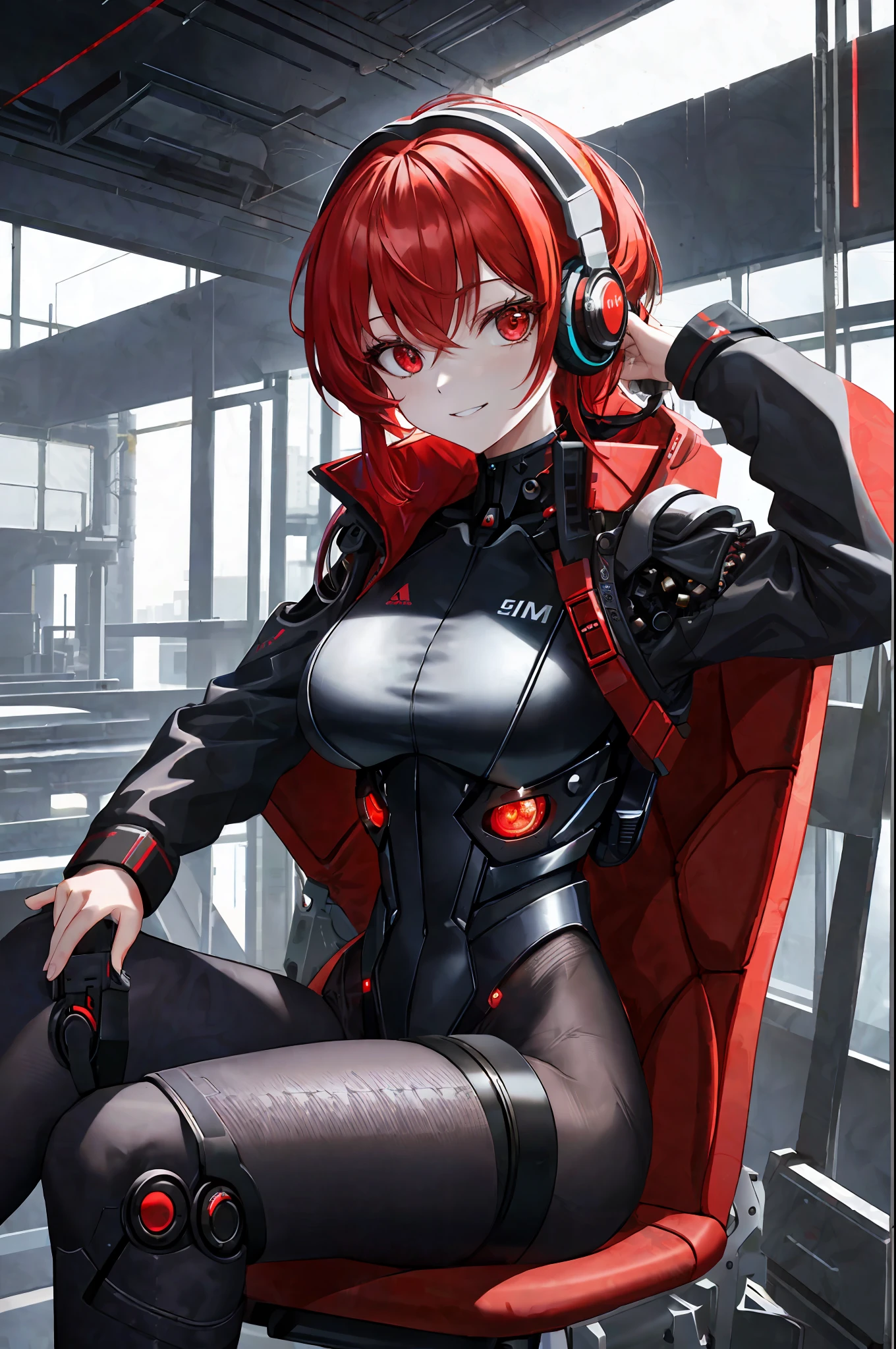 Absurd, very precise details, highly detailed 8K wallpaper, (transcendent beautiful girl: 1.5), break, shortcut, redhead, cowboy_shot, from below, ceiling, looking at the viewer, :/, bright red eyes, headphones, grinning, half-undressing jacket, exoskeleton leotard, cyberpunk, perfect five fingers, break, (mechanical joints and mechanical feet : 1.5), sitting on a chair (suit made of mesh material: 1.1),