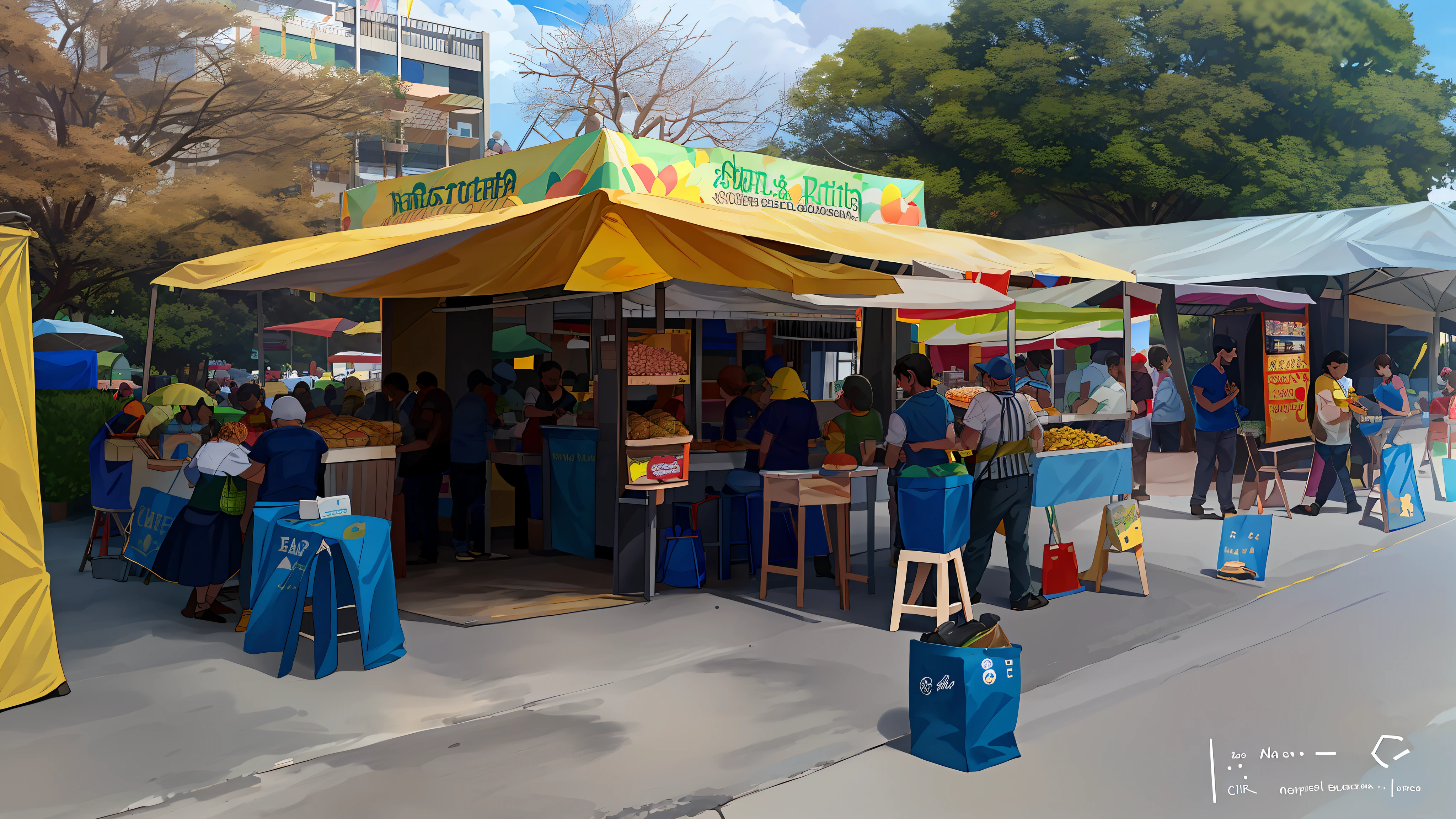 there are many people sitting at tables under a yellow tent, food stalls, food stall, with street food stalls, some stalls, market setting, colombian, food court, canopies, market stalls, by Amelia Peláez, yellow awning, merchant stands, city of armenia quindio, salsa vendor, trailer, by Gina Pellón, vendors