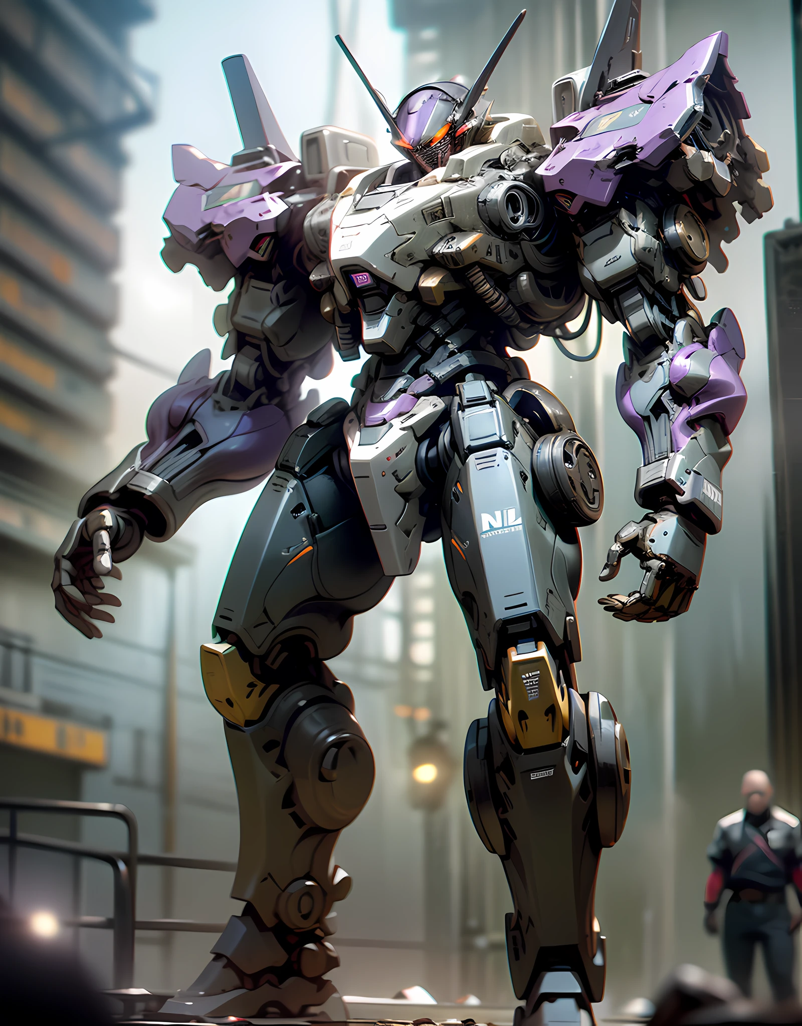 ((High Graphics)), 1 Droid Tank, Solo, One Big Red Eye, Dark Purple Decepticon Droid, Standing, (Massive Well-Protected Mecha Armor), Intricate Glowing Mecha Armor, Full Body Mecha Suit, Mecha Suit, Full Body Mecha Robot, Mecha Body, Cyber Mech, Mecha Armor, Smooth Purple Armor, Ruined City, Photorealistic, Photo, Masterpiece, Realistic, Realistic, Photorealism, High Contrast, Photorealistic Digital Art Trending on Artstation 8k HD High  clarity detailed realistic, detailed, skin texture, hyper-detailed, realistic skin texture, armature, best quality, ultra-high resolution, (photorealistic: 1.4),, high resolution, detailed, raw photo, sharp RE, Lee Jeffries Nikon D850 Film Stock Photo 4 Kodak Portra 400 Camera F1.6 Lens Rich colors Hyper-realistic realistic texture Dramatic lighting UnrealEngine trending on ArtStation Cinestill 800,