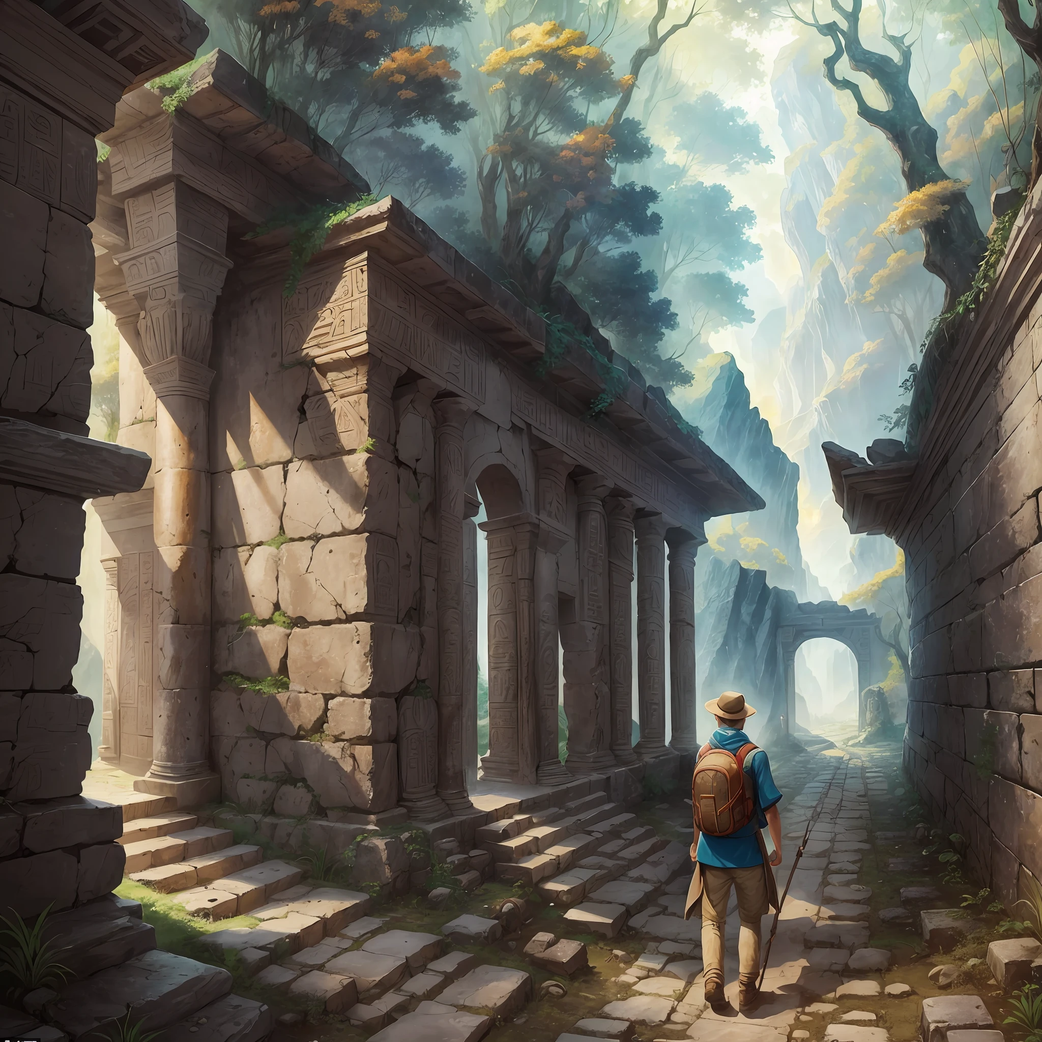 Thomas gathered essential supplies such as food, water, and a small backpack. Looking back, he said goodbye to the village he had known since his birth, knowing that he would return transformed by his adventures. His heart pounding in his chest, he set off towards the majestic mountains, following the directions of the map that had now become his guide.
As he traversed dense forests and winding trails, Thomas marveled at the nature around him. He spotted wild animals, such as deer and rabbits, that seemed curious about his presence. The sound of the wind blowing through the leaves of the trees and the singing of the birds enveloped him in a natural symphony that inspired him to move forward.
As he advanced on his journey, Thomas began to find signs of the ancient civilization that had once inhabited those lands. Ruins of mysterious temples sprang their way, revealing a past full of long-forgotten mysteries and secrets.
In the midst of these ruins, Thomas felt a pulsating energy, as if the spirits of the ancient inhabitants guided him in his search. He studied the hieroglyphics and symbols on the weathered walls, trying to decipher the riddles of the past and connect with ancestral wisdom.
With each step, Thomas's journey became more challenging. He faced laughter --auto --s2