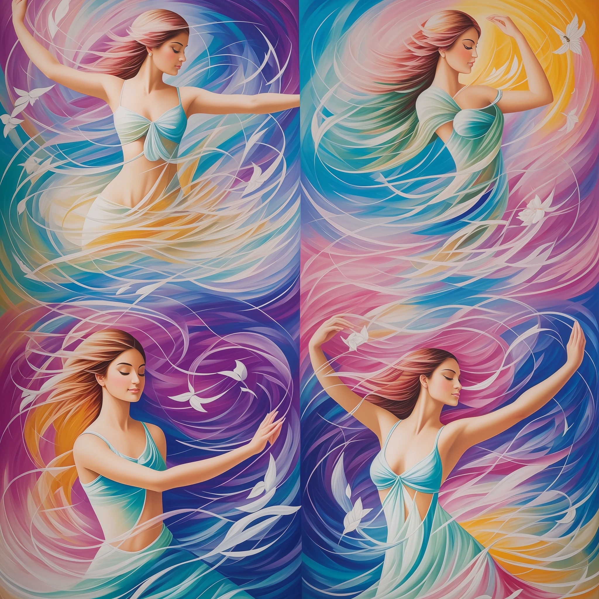 Create a painting that represents the essence of the card "The Dance of Life" and conveys balance and harmony in all areas of life. Use a palette of soft colors and pastel tones to create a tranquil and serene atmosphere.

In the center of the painting, depict a human figure in a dance posture, with arms outstretched and body in motion. Paint it with colors that represent different aspects of life, such as shades of blue to symbolize tranquility, shades of green to represent nature and balance, and shades of pink to convey emotional harmony.

Around the central figure, paint elements that represent the different aspects of life. For example, you can include elements that symbolize work, such as a watch or briefcase, and elements that symbolize fun, such as musical instruments or objects related to hobbies. Balance these elements harmoniously and distribute them symmetrically in the composition.

Create movement in the painting through soft, curved brushstrokes that extend from the central figure and spread across the space. These brush strokes can represent the fluidity and flexibility needed to find balance and harmony in life.

At the top of the painting, paint a serene sky with soft, delicate clouds. These clouds symbolize the sense of peace and tranquility that arises when we find inner balance.

Finally, add small details of natural elements, such as flowers, leaves, or butterflies, scattered throughout the painting. They represent the connection with nature and the importance of connecting with wisdom and the natural cycles of life to find balance and harmony.