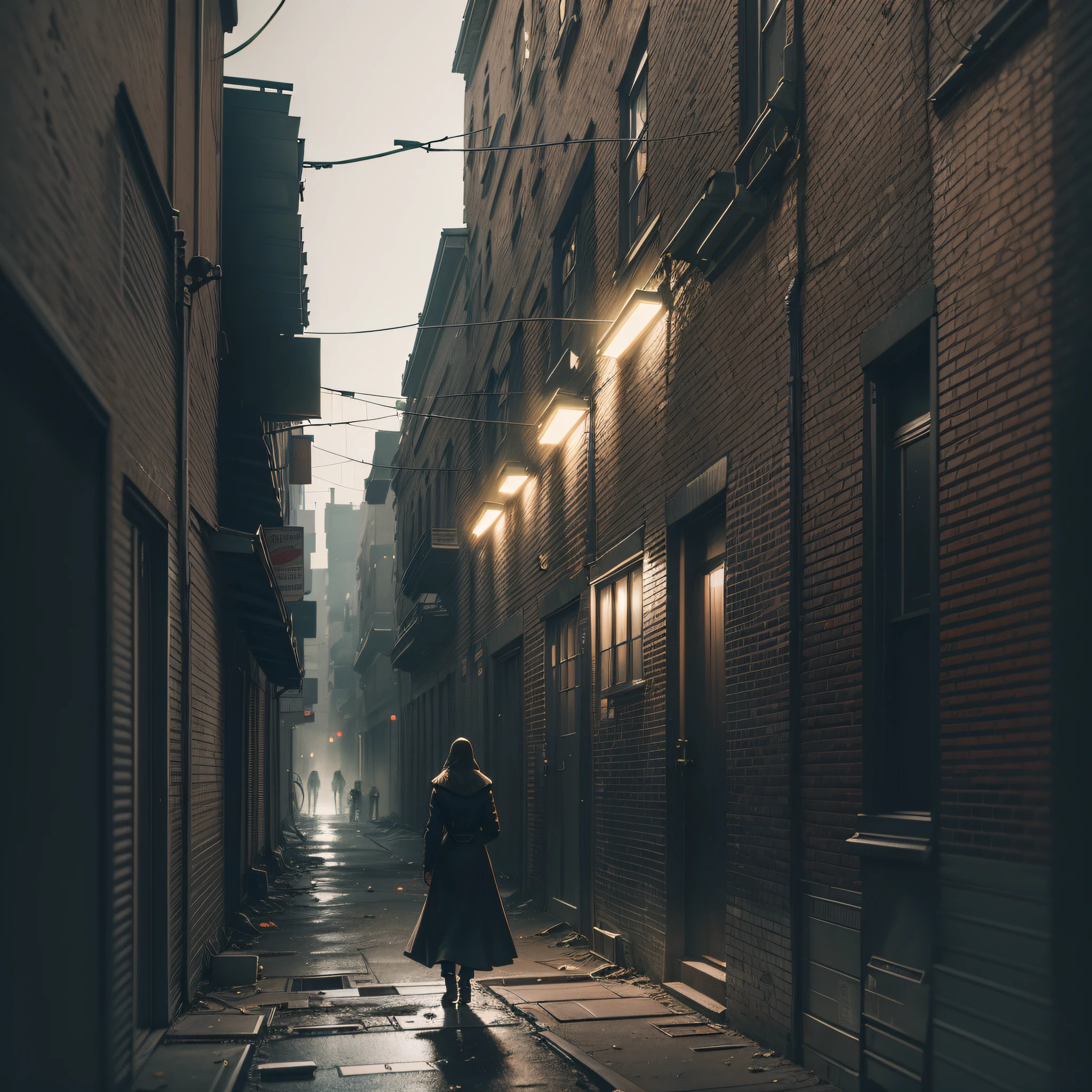 Create a realistic image of a crime scene in the 1970s, inspired by suspense and detective movies of that era. The scene should depict a dimly-lit alleyway with flickering street lamps casting eerie shadows on the walls. In the background, a large, imposing building looms ominously, shrouded in darkness. The alleyway should be cluttered with garbage cans and debris, with a lone figure huddled in the shadows, looking on in fear or anticipation. A rusty fire escape can be seen climbing up the side of the building, adding to the gritty, urban feel of the scene. In the foreground, there should be a pool of blood, surrounded by broken glass and other evidence of violence. The image should capture the tension and suspense of a classic crime thriller, and transport the viewer back in time to the gritty streets of 1970s America.", haze, ultra-detailed, film photography, light leaks, Larry Bud Melman, trending on artstation, sharp focus, studio photo, intricate details, highly detailed, by greg rutkowski --auto --s2