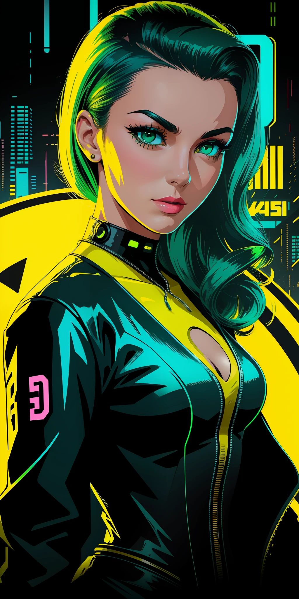 pretty women portrait 1950s poster style, vector-art(cyberpunk) (neon(yellow)     (blue)     (green)