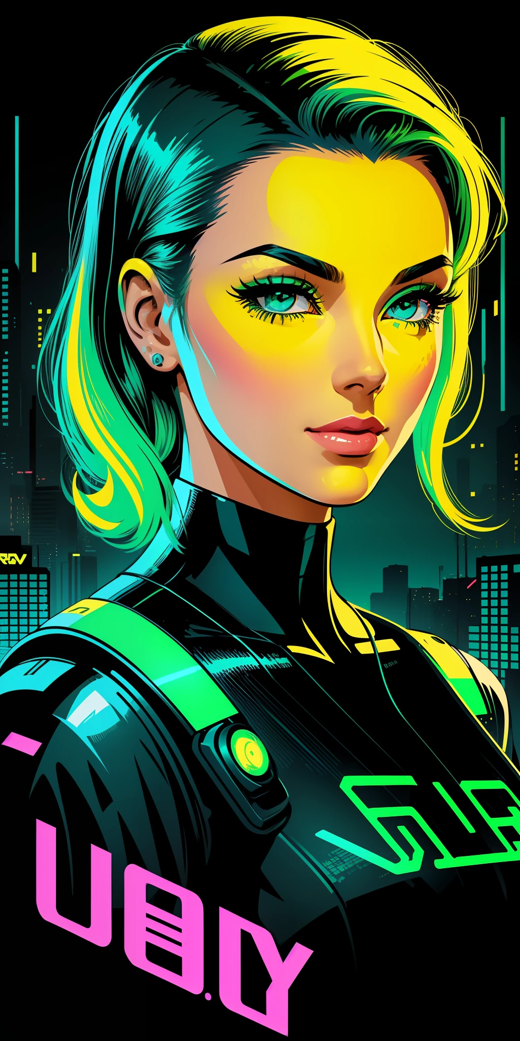 pretty women portrait 1950s poster style, vector-art(cyberpunk) (neon(yellow)     (blue)     (green)