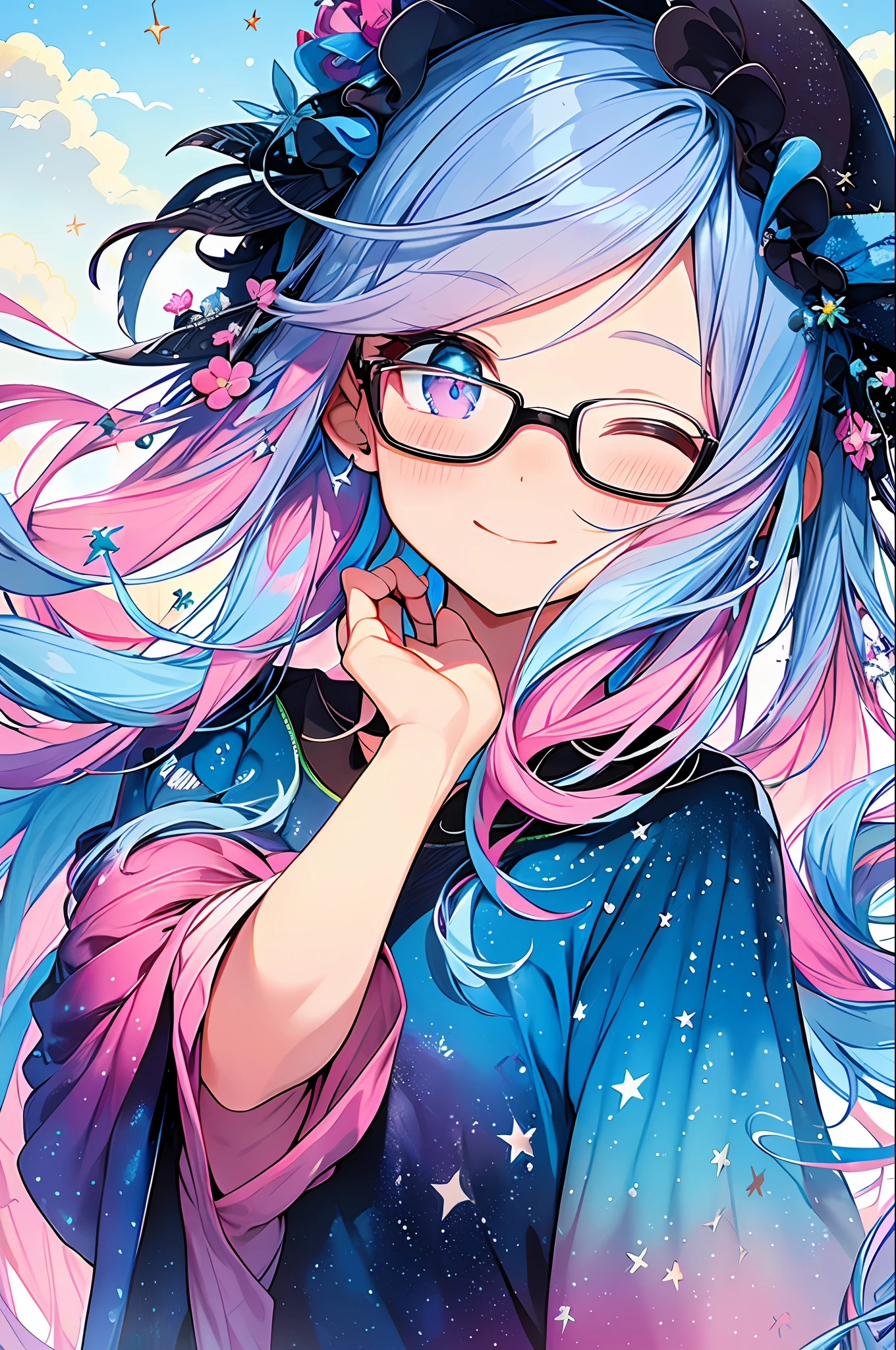 (Masterpiece, Best Quality, Best Quality, Watercolor (Medium), Official Art, Beautiful and Aesthetic: 1.2), (1 Girl: 1.3), (Fractal Art: 1.3), Upper Body, Sideways, Look at the Viewer, Pattern, (Iridescent Hair, Colorful Hair, Half Blue and Half Pink Hair: 1.2), Water, Liquid, Clouds, Colorful, Starry Sky, Stars, Smile, Glasses, Close-up, Heterochromia, (Colorful: 1.5), Eyes Closed, Blush