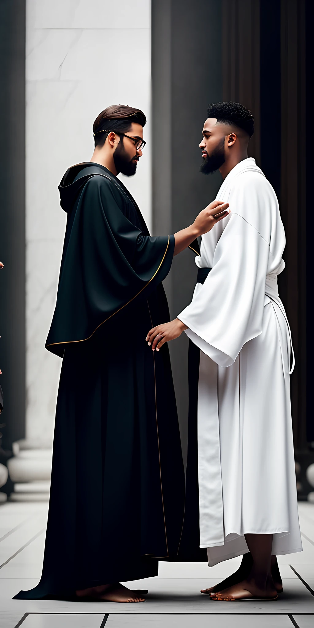 Portrait of white robe Pharisee hitting another black robe Pharisee, modern portrait, cinematic lighting, depth of field, bokeh, realism, photorealistic, hyperrealism, professional photography, uhd, dslr, hdr