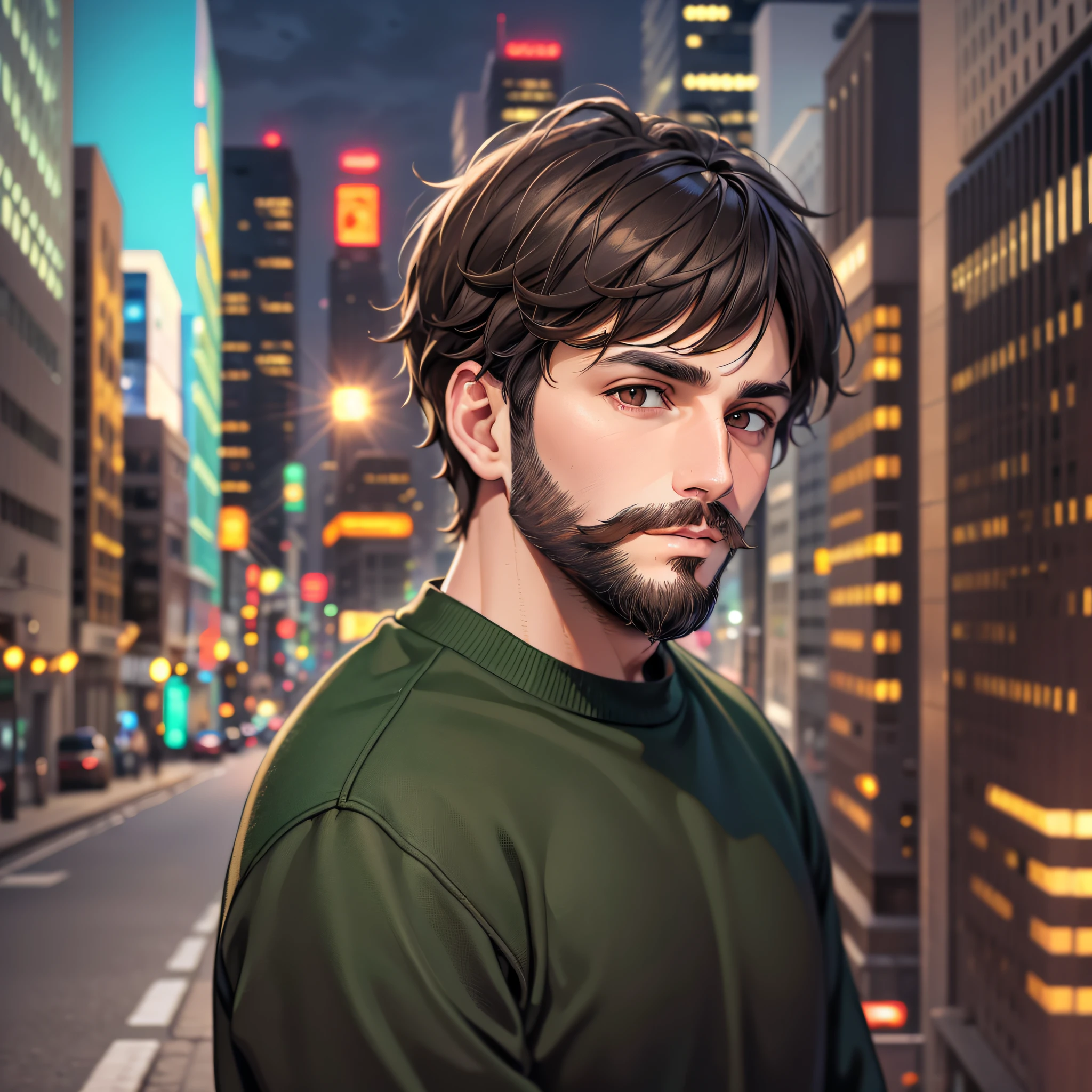 Adult man with beard and dark brown hair, dark brown eyes, black sweatshirt with green details, in a city at night