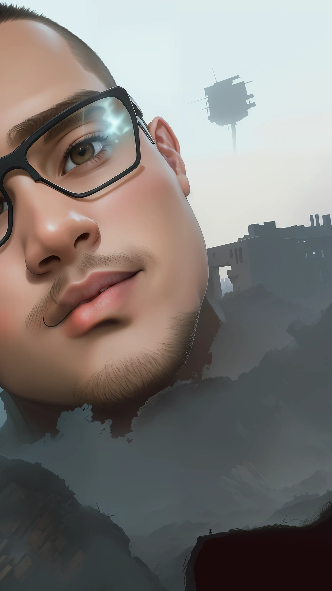 RAW photo, a close-up portrait of a 23-year-old brutal man in deserter's clothes, small haircut, brown skin, slender body, background of city ruins (highly detailed skin: 1.2), 8k uhd, dslr, soft lighting, high quality, film grain, Fujifilm XT3