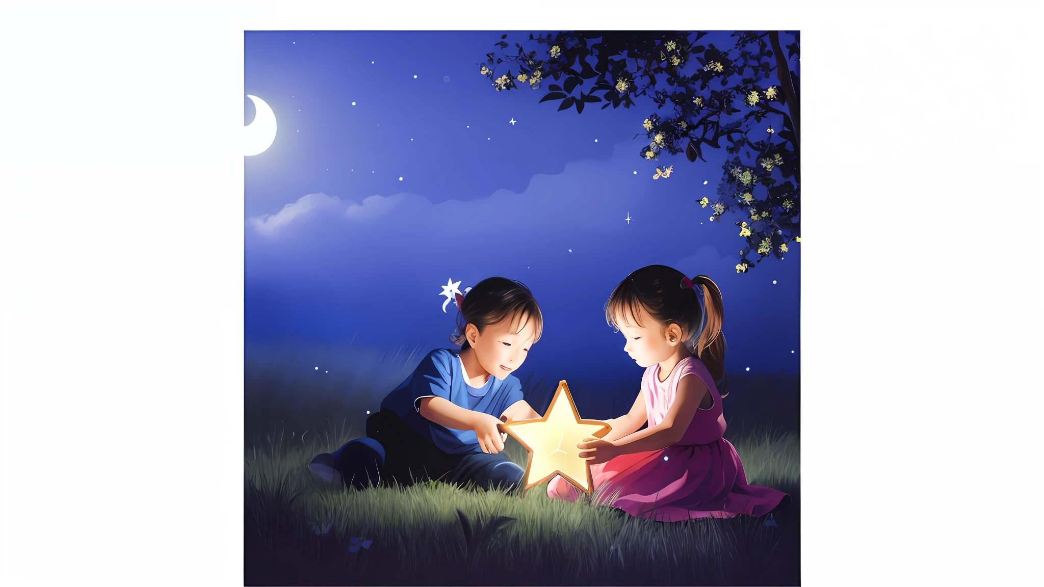 there are two children sitting on the grass looking at a star, good night, twinkling stars, with stars, bright star