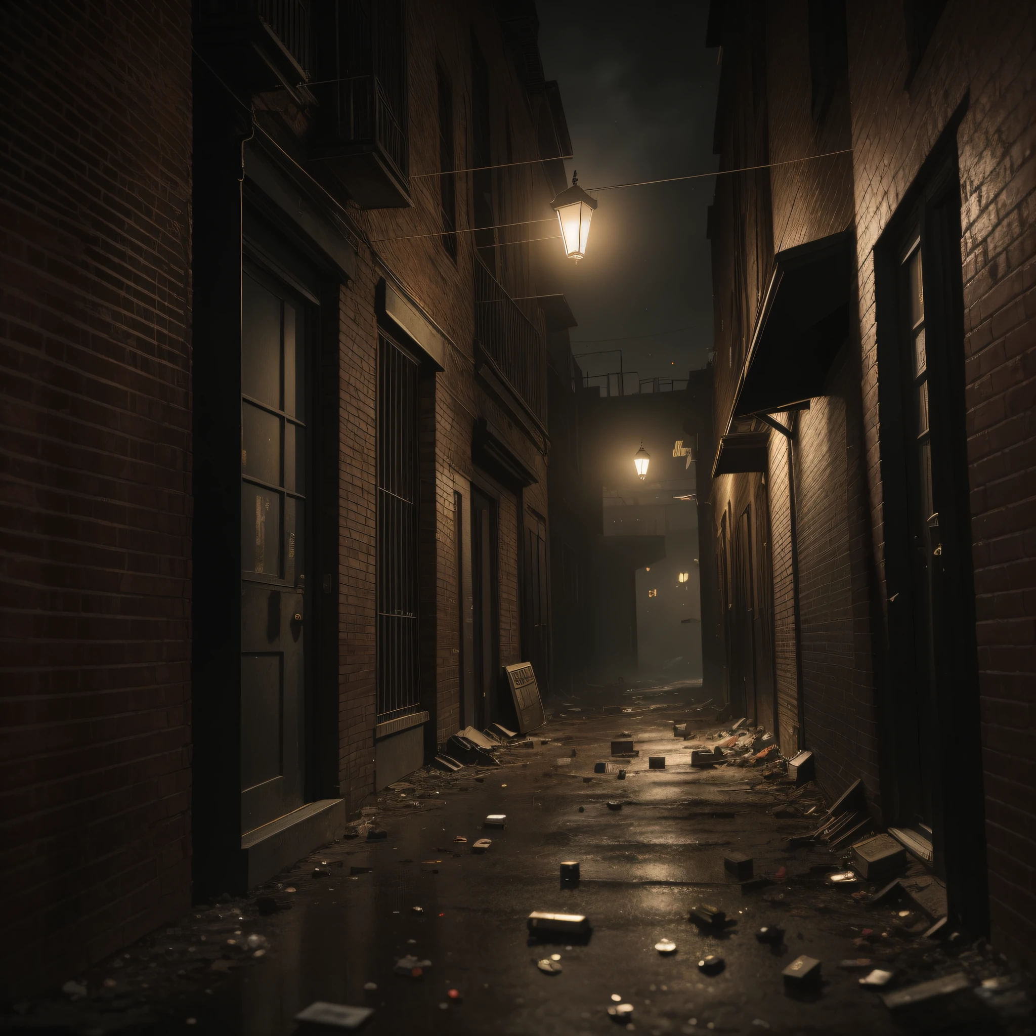 Create a realistic image of a crime scene in the 1970s, inspired by suspense and detective movies of that era. The scene should depict a dimly-lit alleyway with flickering street lamps casting eerie shadows on the walls. In the background, a large, imposing building looms ominously, shrouded in darkness. The alleyway should be cluttered with garbage cans and debris, with a lone figure huddled in the shadows, looking on in fear or anticipation. A rusty fire escape can be seen climbing up the side of the building, adding to the gritty, urban feel of the scene. In the foreground, there should be a pool of blood, surrounded by broken glass and other evidence of violence. The image should capture the tension and suspense of a classic crime thriller, and transport the viewer back in time to the gritty streets of 1970s America.", haze, ultra-detailed, film photography, light leaks, Larry Bud Melman, trending on artstation, sharp focus, studio photo, intricate details, highly detailed, by greg rutkowski