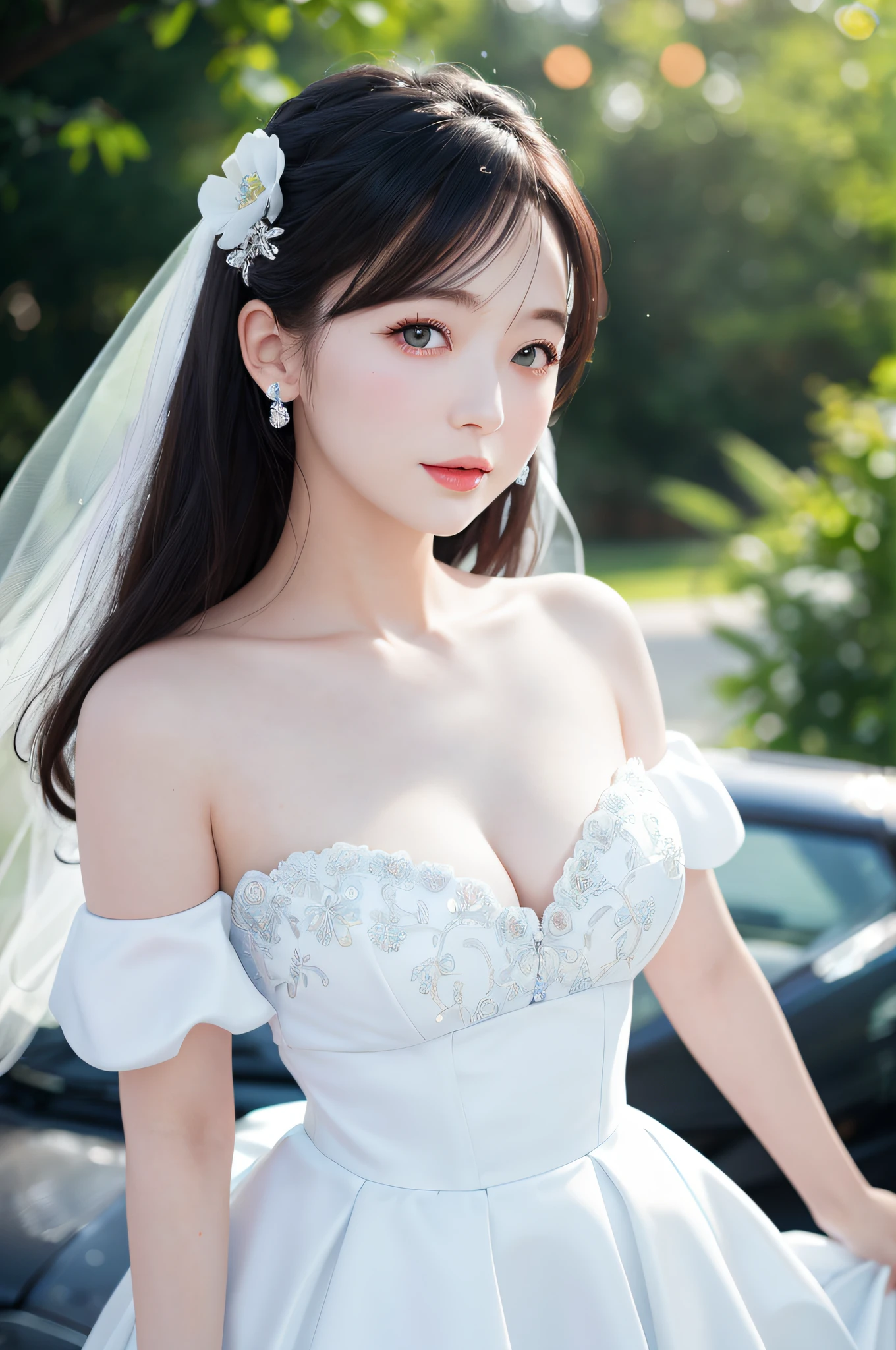 sky blue wedding dress,white mini skirt,kawaii, idol, (sweat:0.7),woman,japanese,exquisite face, beautiful face,bare shoulders,shoulders all exposed,translucent skin,black eyes,black hair,(photorealistic:1.4),realistic details, high resolution,bokeh,outstanding details