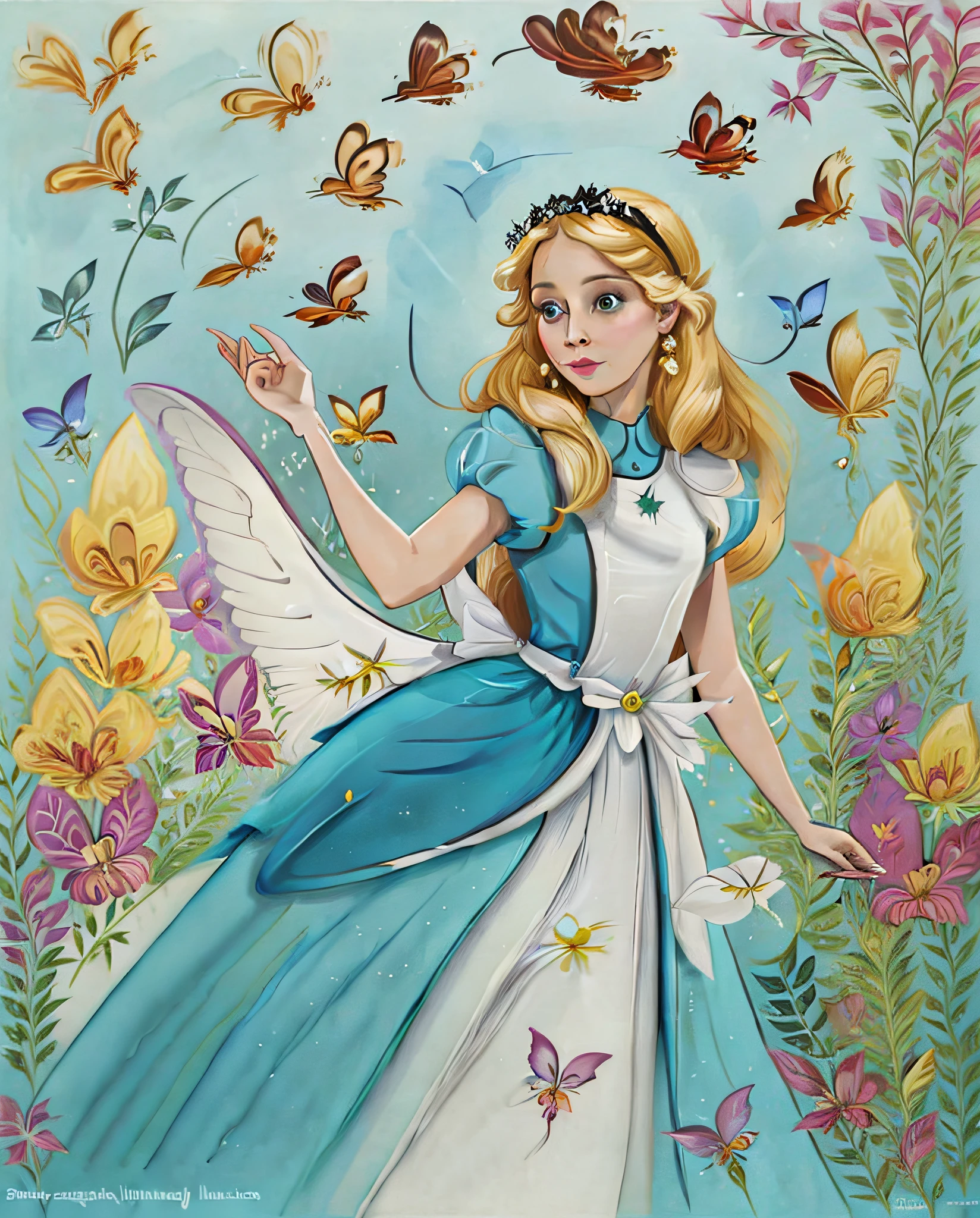 a woman in a blue dress holding a butterfly and a rabbit, beautiful fantasy maiden, beautiful fantasy art, beautiful maiden, very beautiful fantasy art, magali villeneuve', beautiful fantasy painting, fantasy beautiful, beautiful digital artwork, goddess of spring, fairytale artwork, beautiful character painting, digital art fantasy art, beautiful fantasy art portrait, beautiful gorgeous digital art