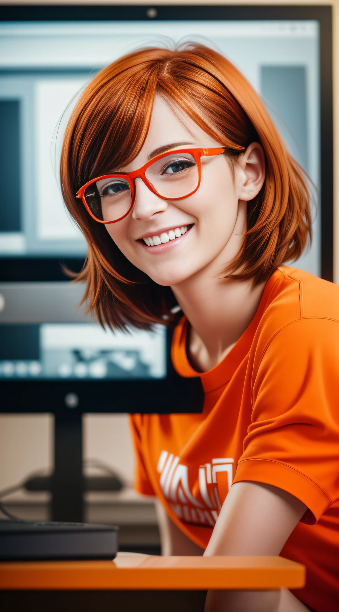 ma character 30 year old woman wearing beautiful orange glasses and smiling wearing a plain orange knit t-shirt, very short and spiky orange brown hair, working an advertising agency with orange walls, blurred background, looking at the monitor of an iMac, smiling, cinematic lighting, shallow depth of field, 8k uhd, dslr, 35 mm 1.8 lens,  masterpiece, high quality, photorealistic, realism, hyperrealism, art photography --auto --s2