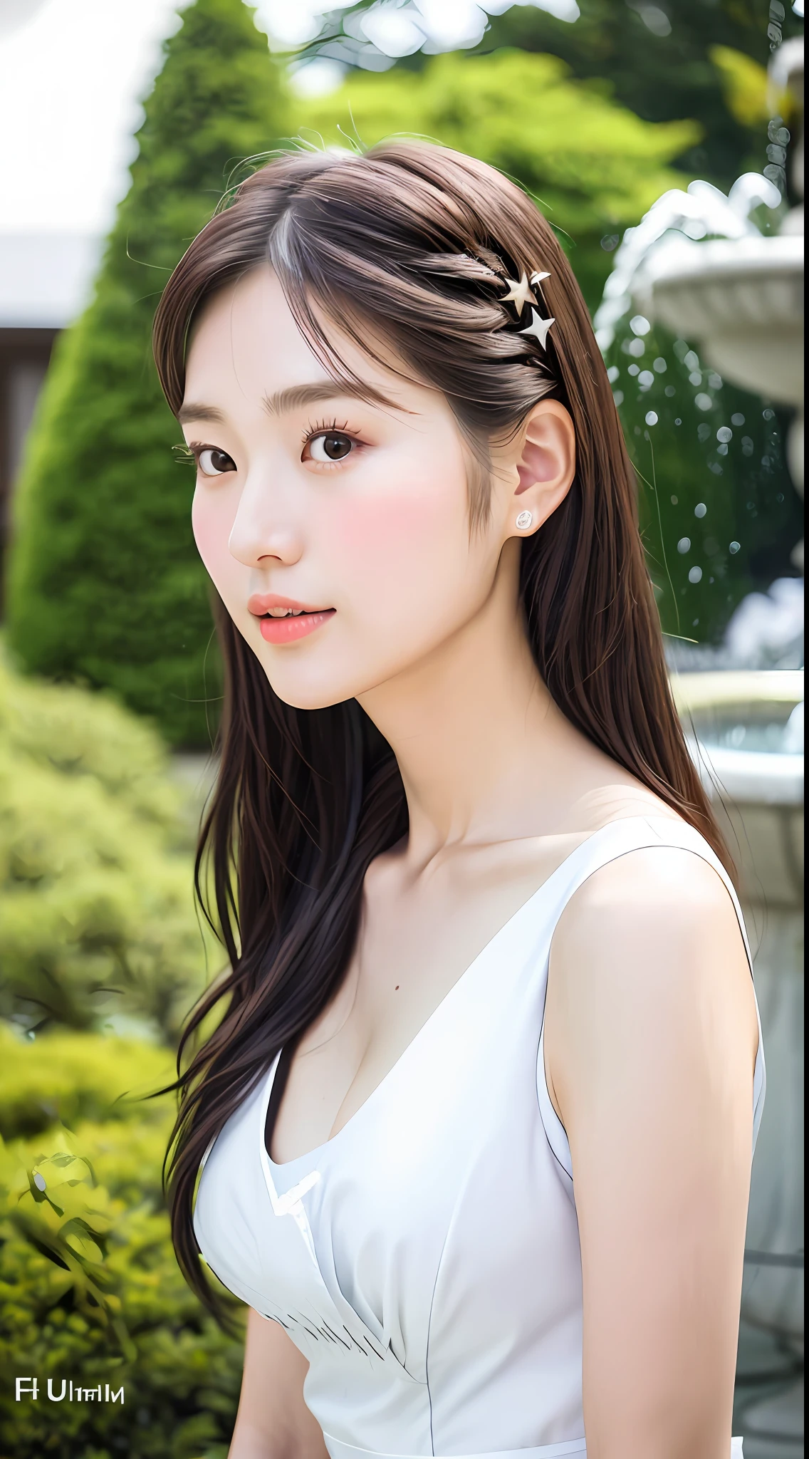 Realistic photos of (1 cute Korean star) shoulder length hair, light makeup, medium breast size, wearing maid costume, fountain, clear facial features, 8K high resolution, sharp and realistic details, from the outside, eye level shot, f/4.0, 135mm, Fujifilm, jpeg artifact, dithering, UHD, masterpiece