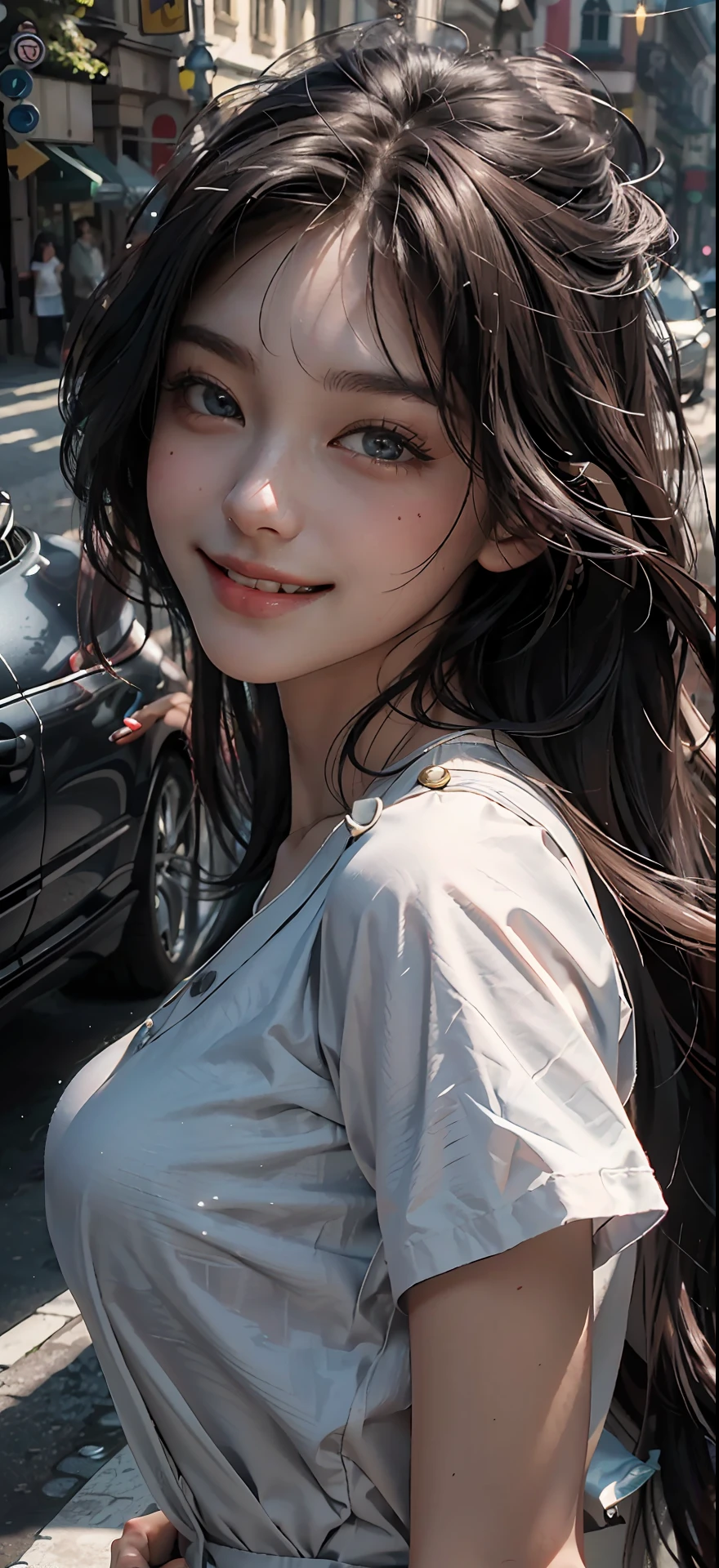 Best Quality, Masterpiece, Ultra High Resolution, (Realisticity: 1.9), Original Photo, Big Eyes Straight Look, Happy, Smile, Blush, Detailed Face, 1girl, Big Breasts, Blue Top, Long Hair Scattered, Close-up, Asian, Outdoor, Upper Body, Front Shot, Movie Lighting